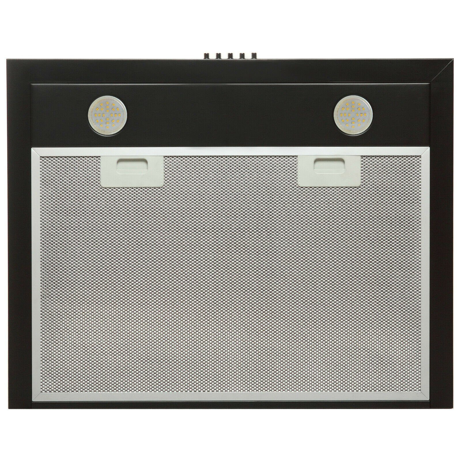 Schwarze Dunstabzugshaube mit zwei Lichtern und Metallgitterfilter.