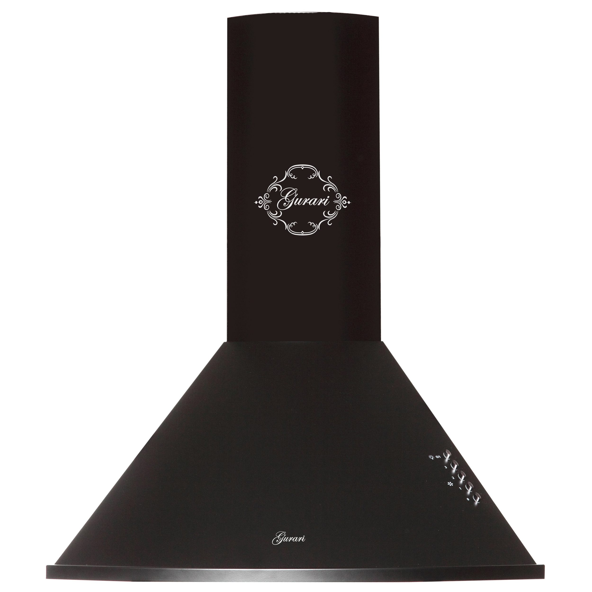 Campana extractora de cocina negra con la palabra Gurari. Tiene un diseño decorativo y algunos botones.