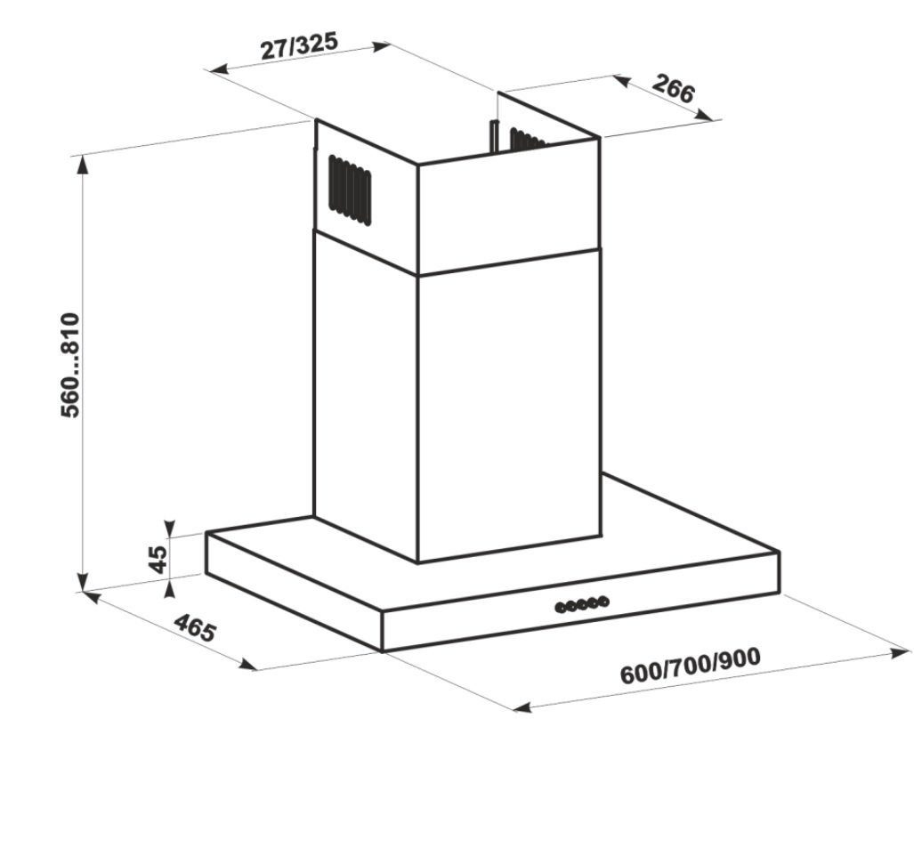 Dibujo técnico de una campana extractora, con dimensiones, fondo blanco.