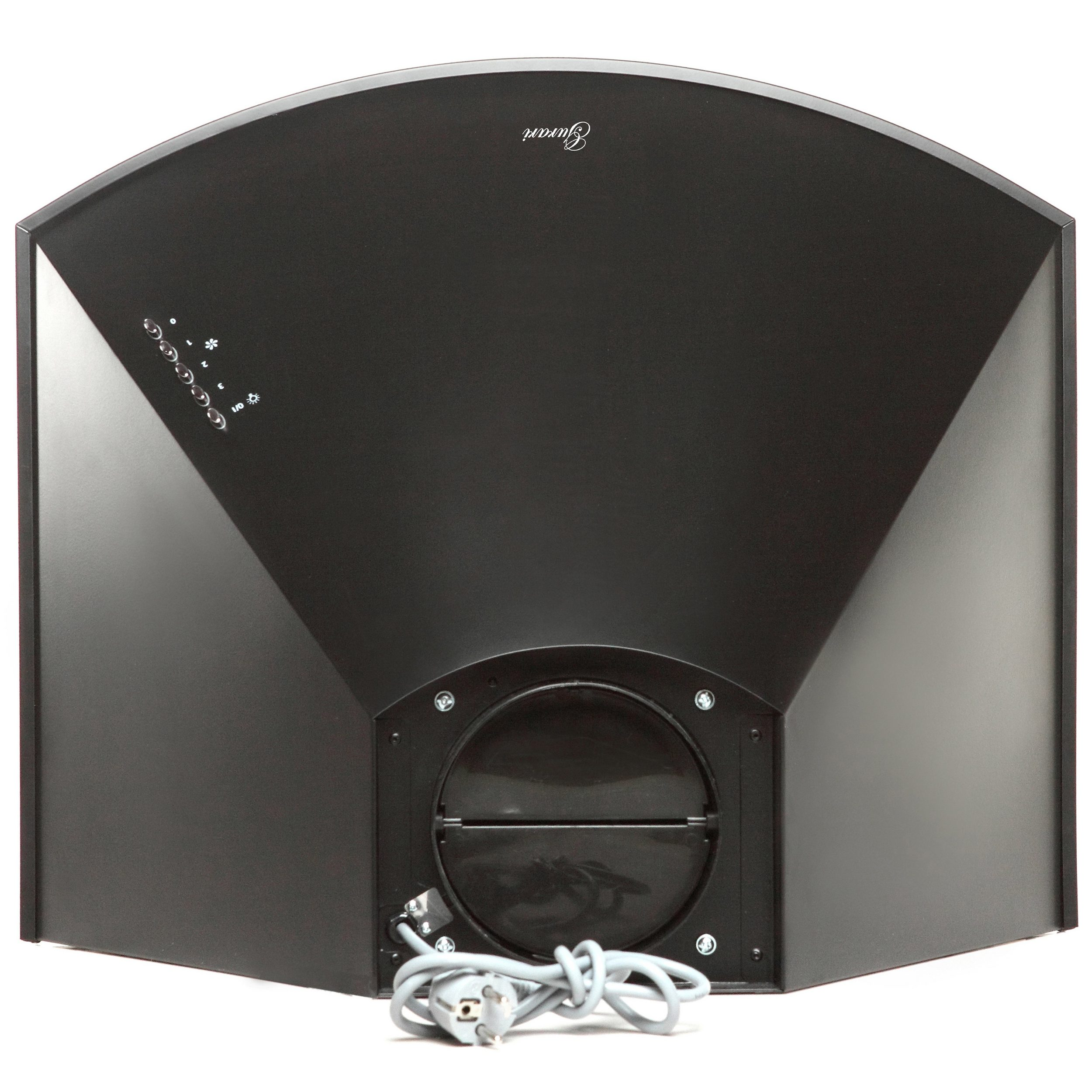 Una campana extractora negra con forma rectangular, botones y cable de alimentación.