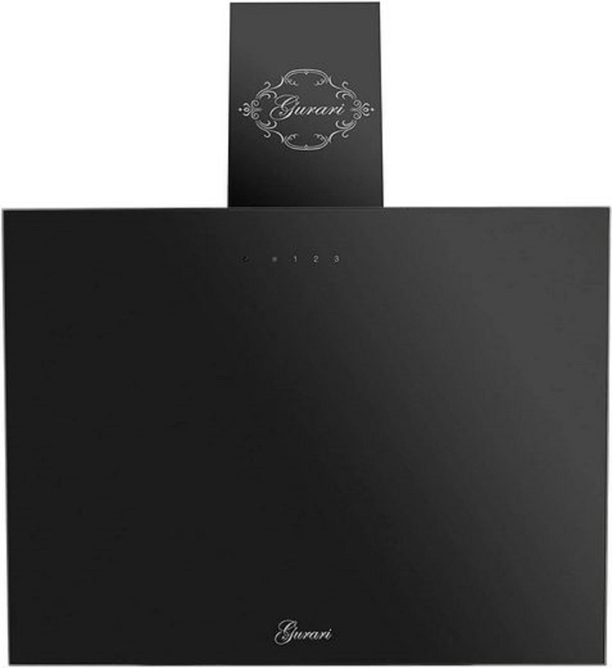 Schwarze Dunstabzugshaube mit silbernem Gurari-Logo und Bedienelementen.