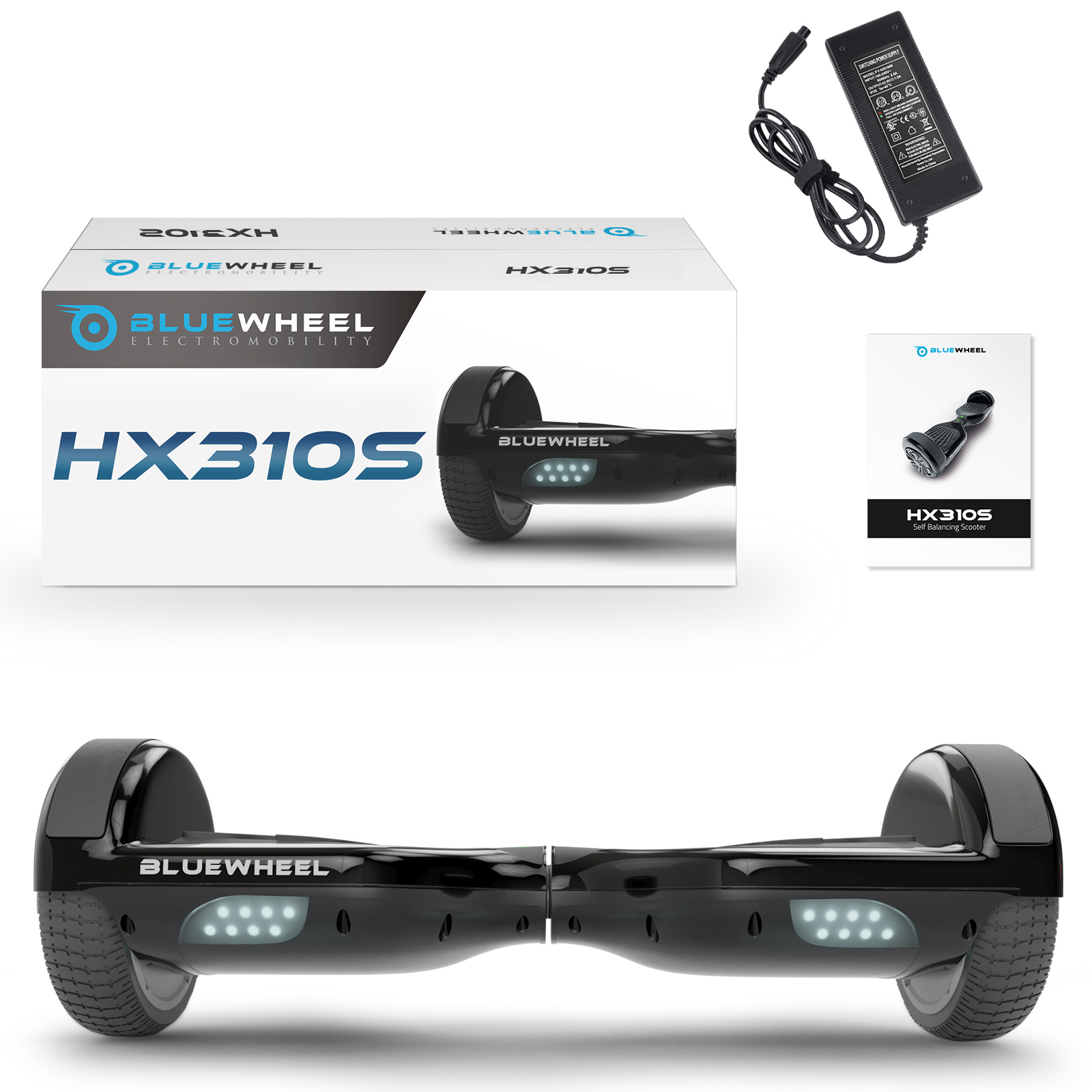 Schwarzes Hoverboard, Box, Ladegerät und Handbuch auf weißer Oberfläche, Studioaufnahme.
