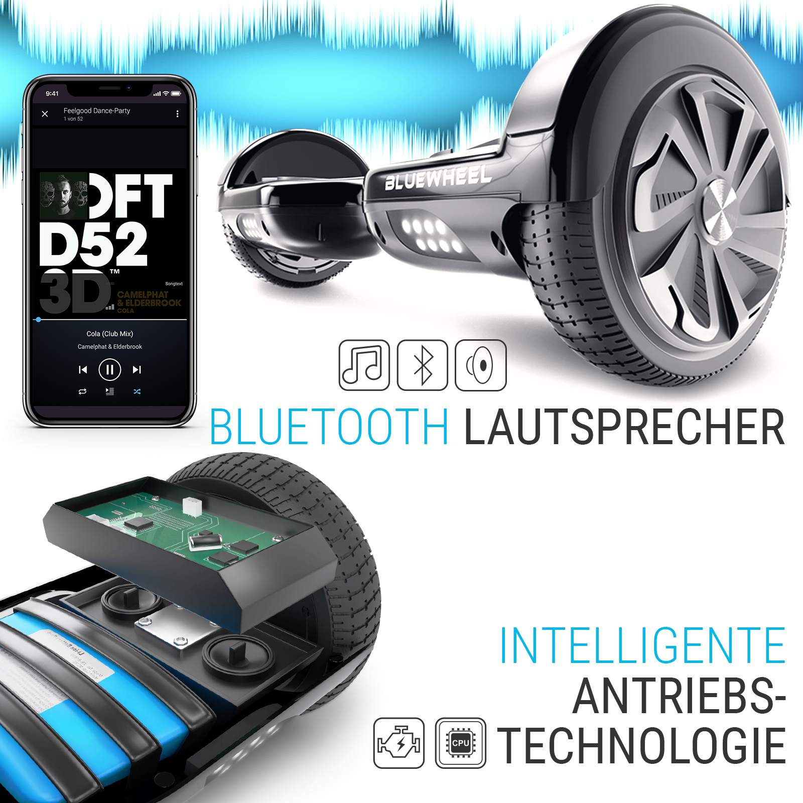 Ein Hoverboard mit einem Telefon, das eine Musik-App zeigt. Bluetooth-Lautsprecher wird gezeigt.