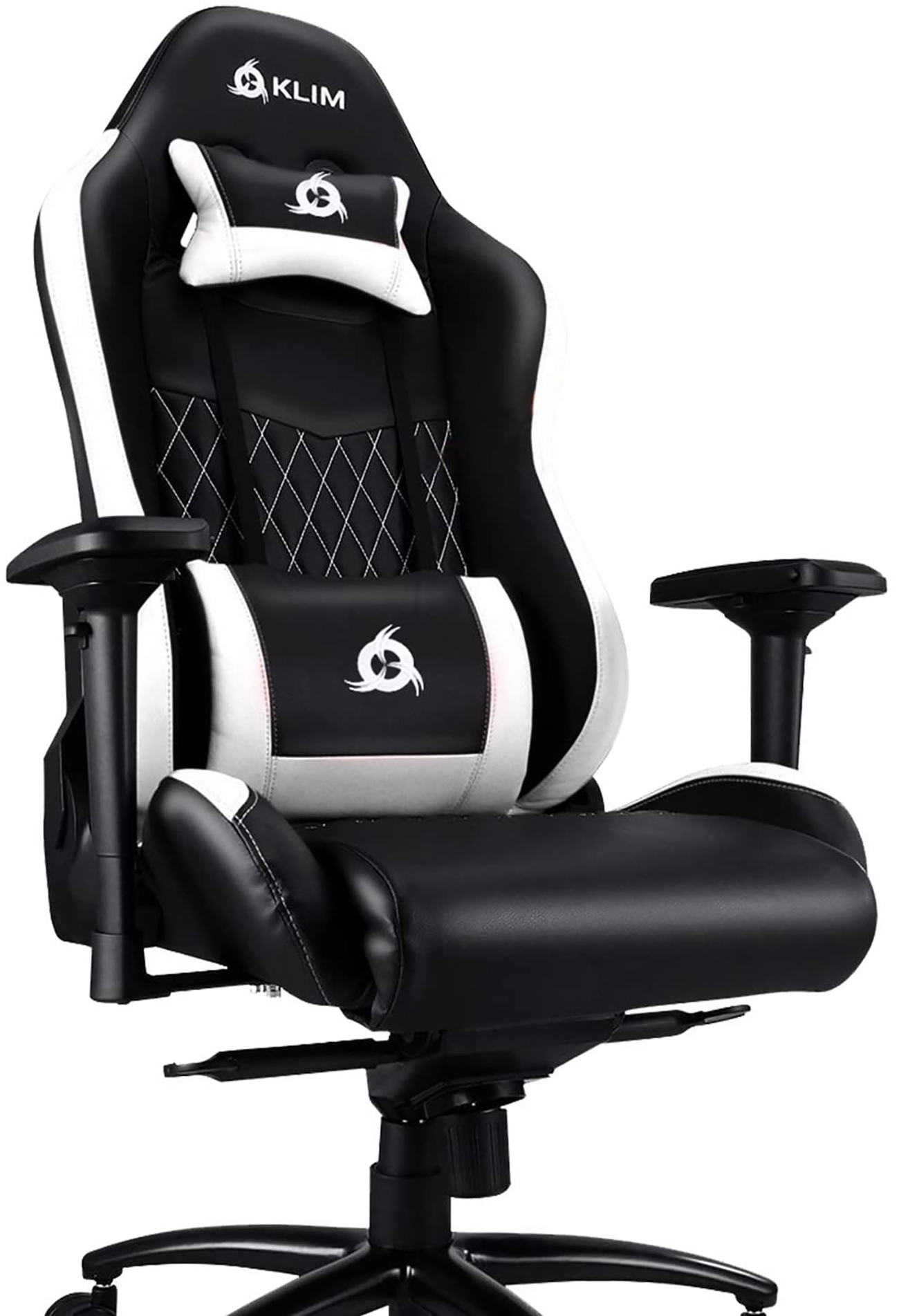 Ein Gaming-Stuhl. Er ist schwarz und weiß mit einer weißen Kopfstütze und einem Lordosenstützkissen.
