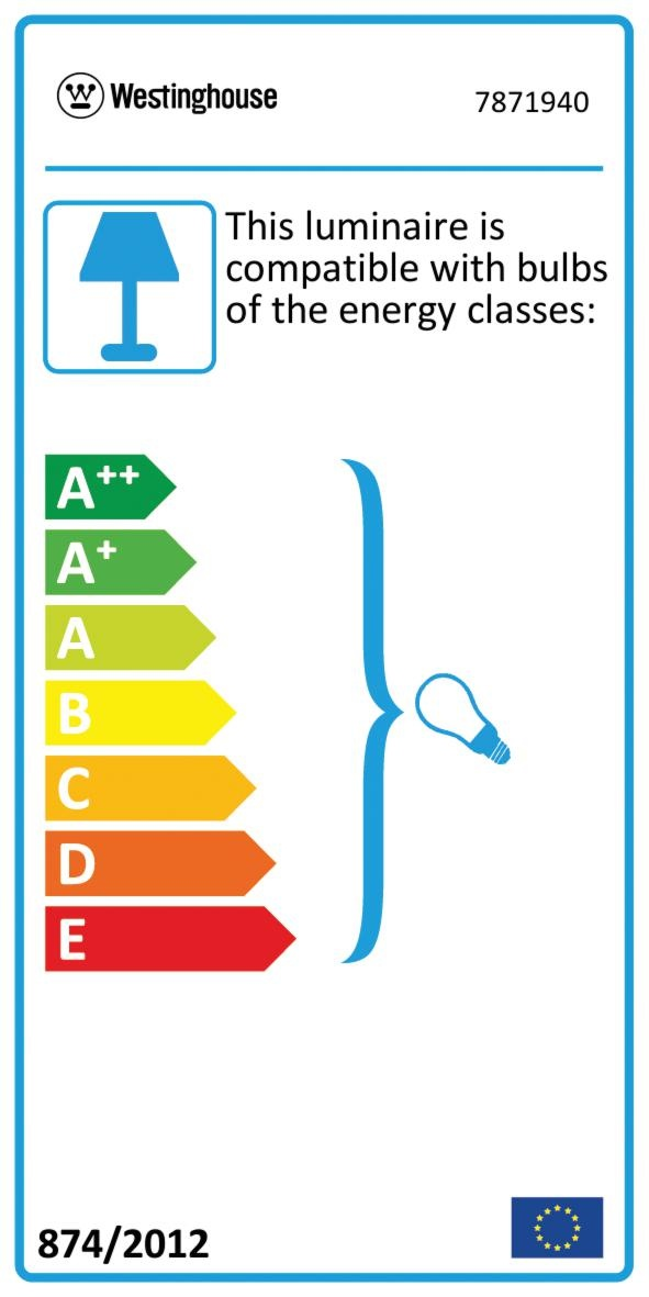 Energieeffizienzetikett. Es zeigt verschiedene Energieklassen von A++ bis E und eine Glühbirne.
