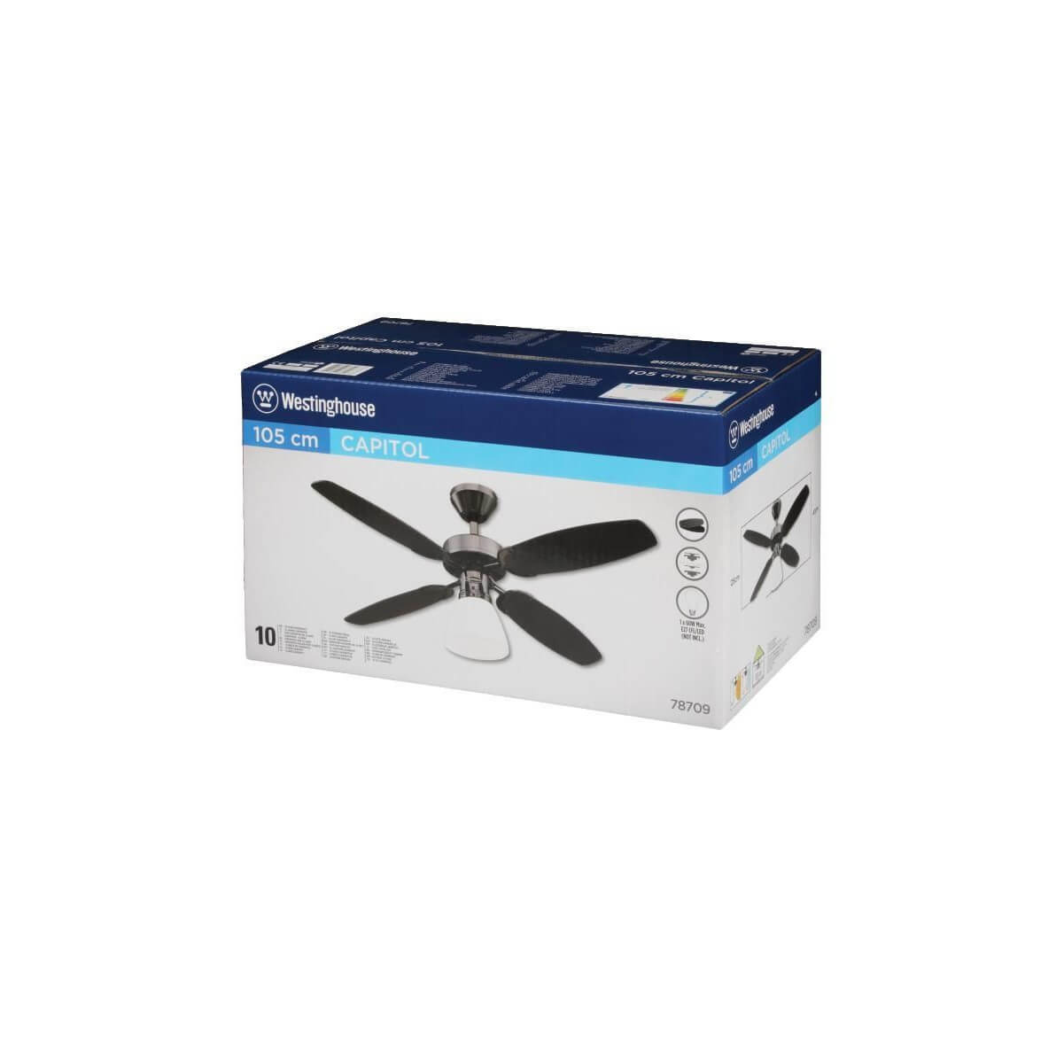 Deckenventilator in einer Box. Schwarze Flügel und dunkles Metall. Die Box hat Text und Bilder.