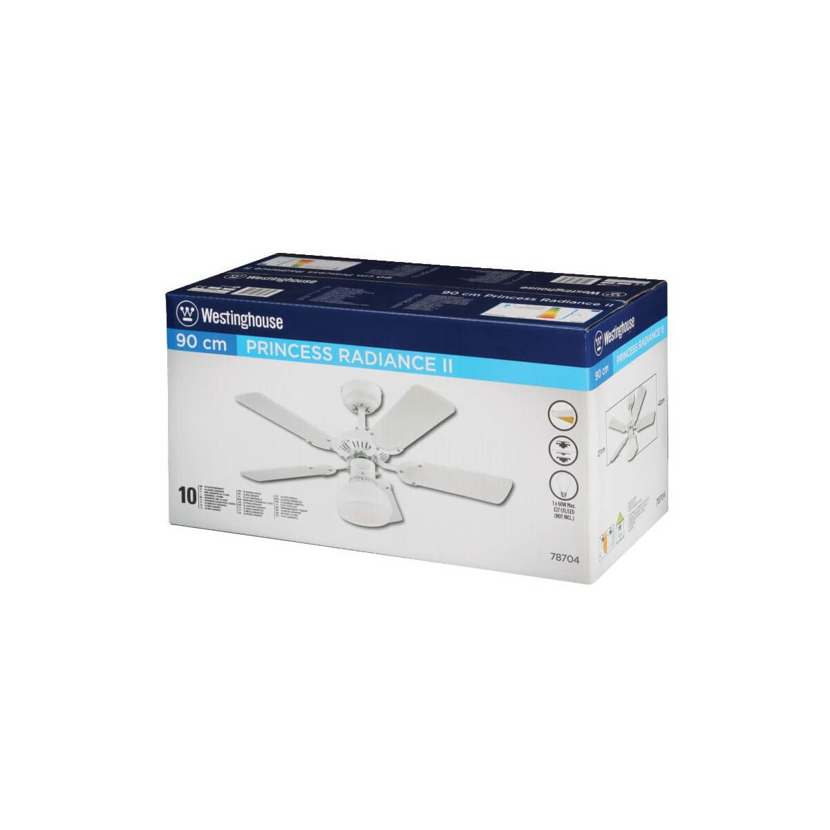 Weißer Deckenventilator in seiner Verpackung. Die Box hat Text, Logos und Bilder des Ventilators.