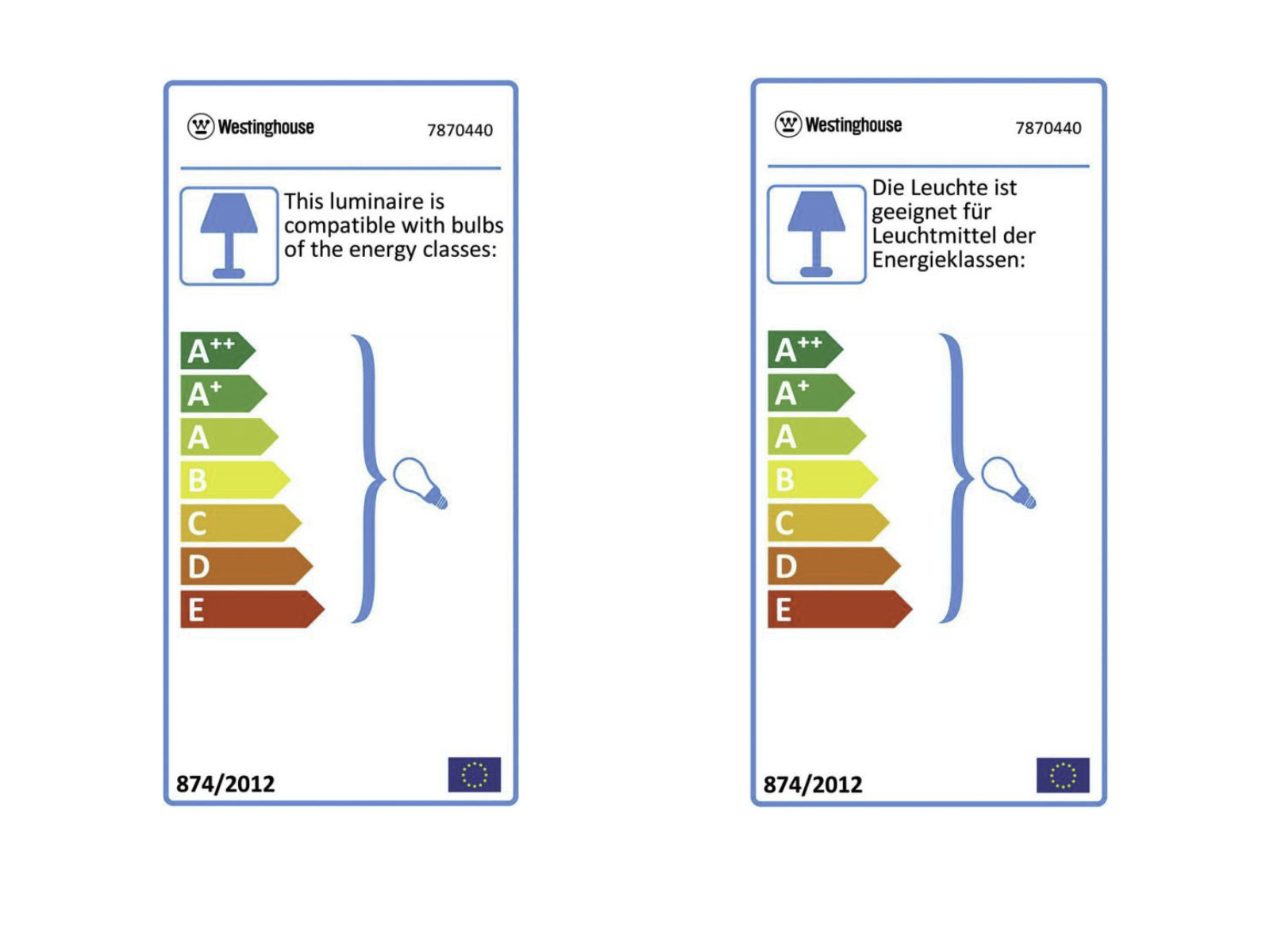 Zwei Energieeffizienzlabel von Westinghouse, die Bewertungen A++ bis E zeigen.