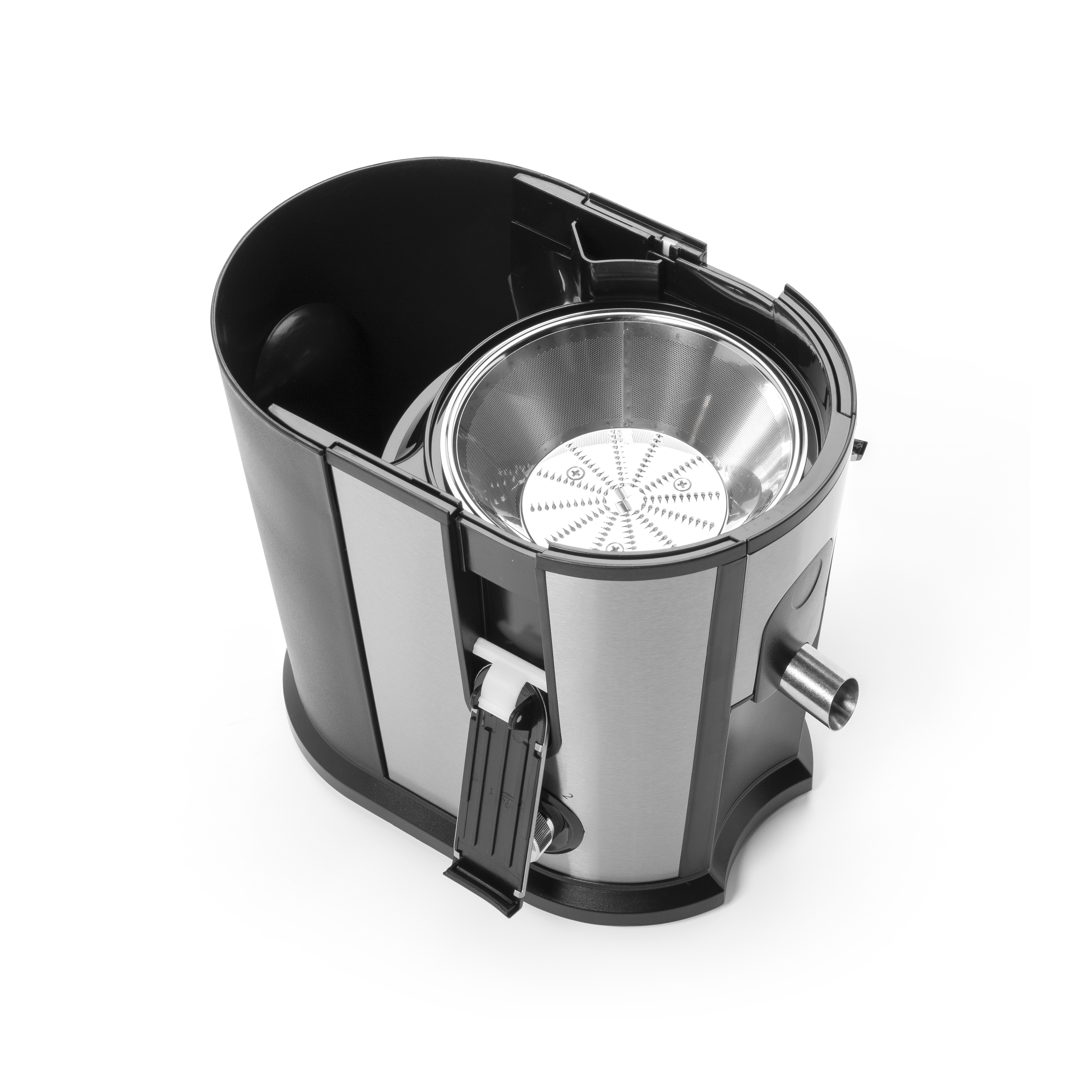 Juicer with stainless steel parts and black and gray body parts. White background.
