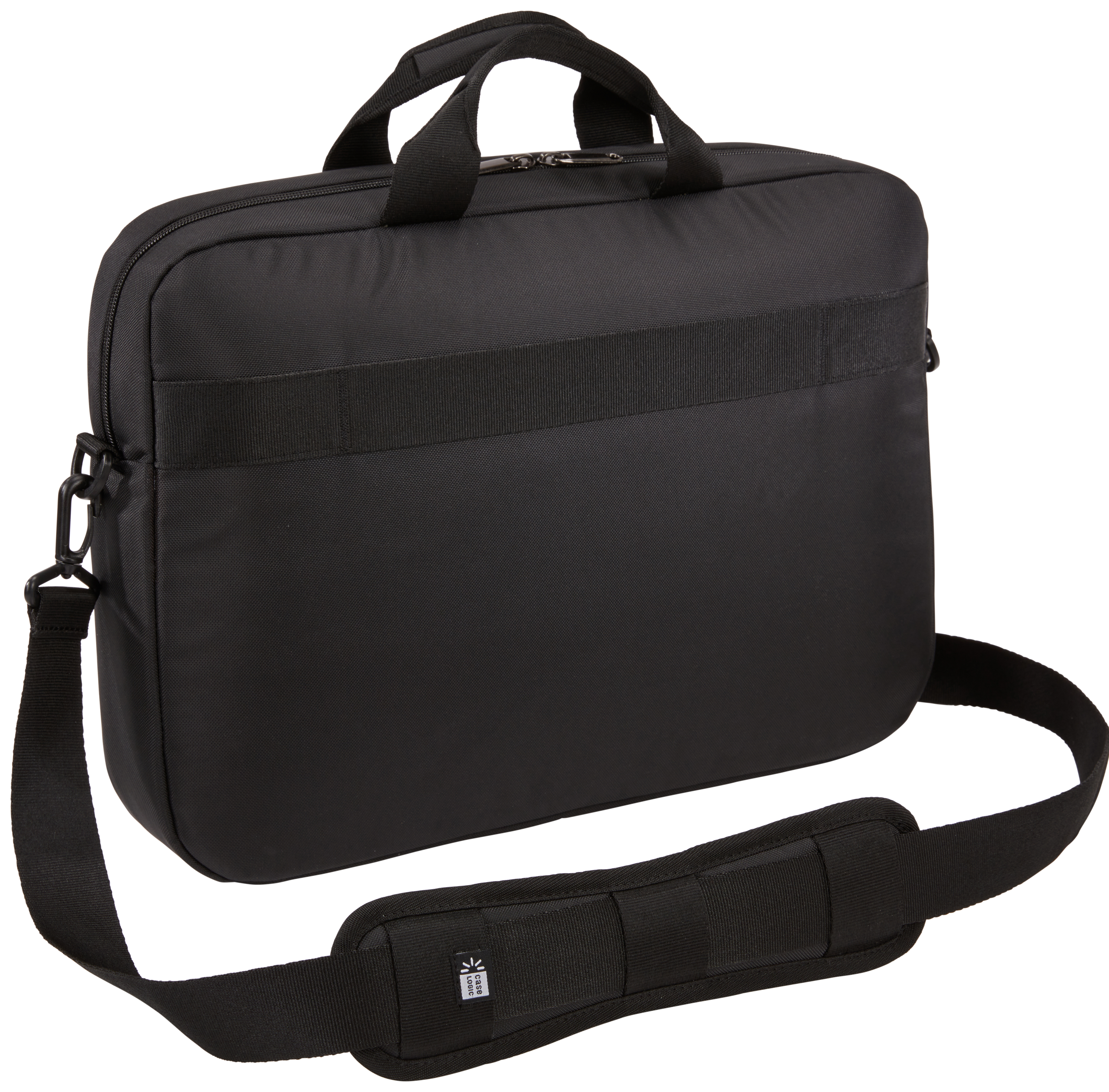 Una borsa nera per laptop con tracolla. Ha maniglia e logo Case Logic.