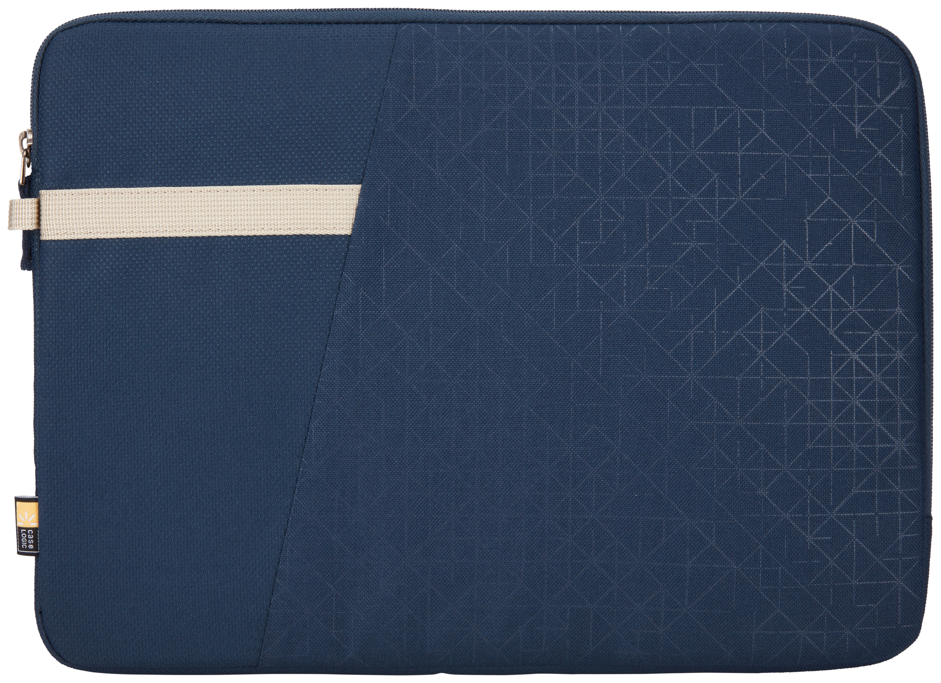 Custodia per laptop blu navy con cinturino beige e motivo geometrico.