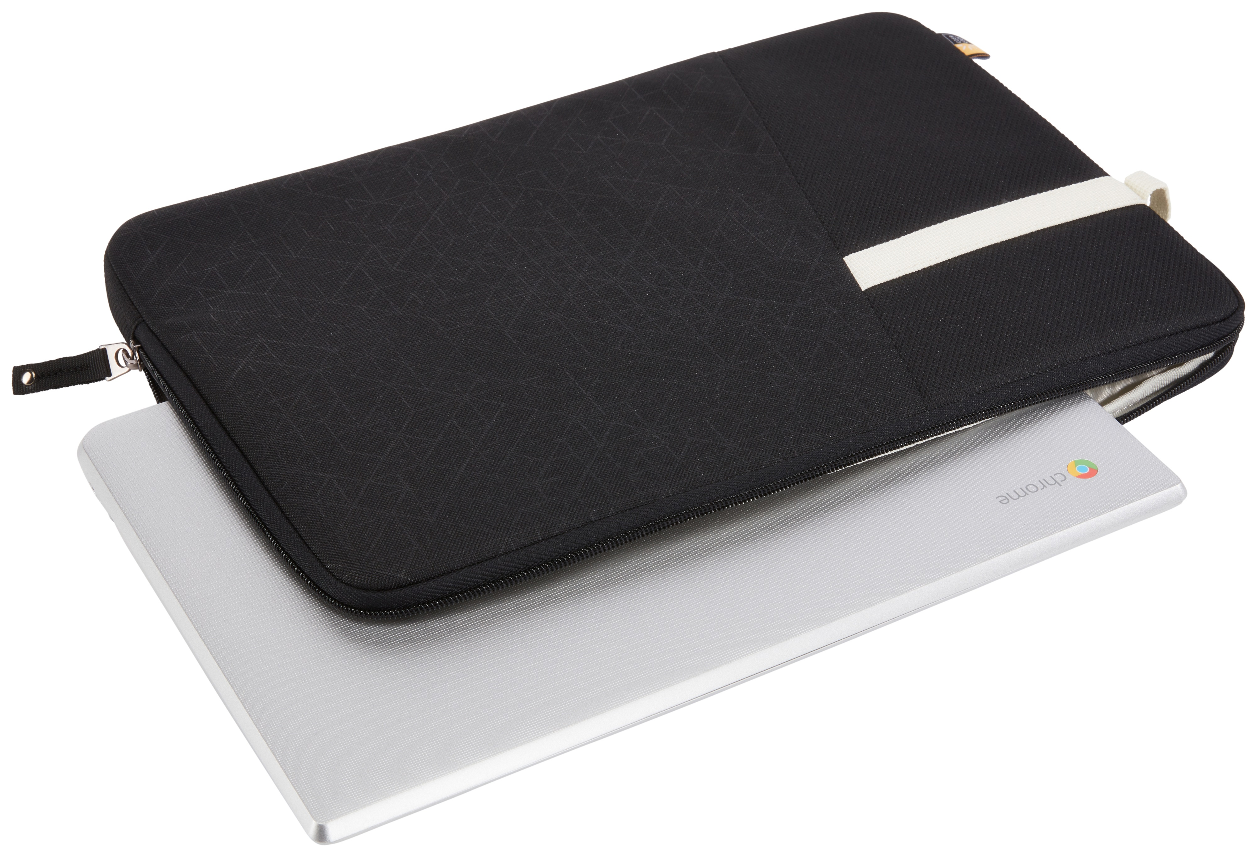 Laptop nero in una custodia nera con una striscia bianca e un logo cromato.