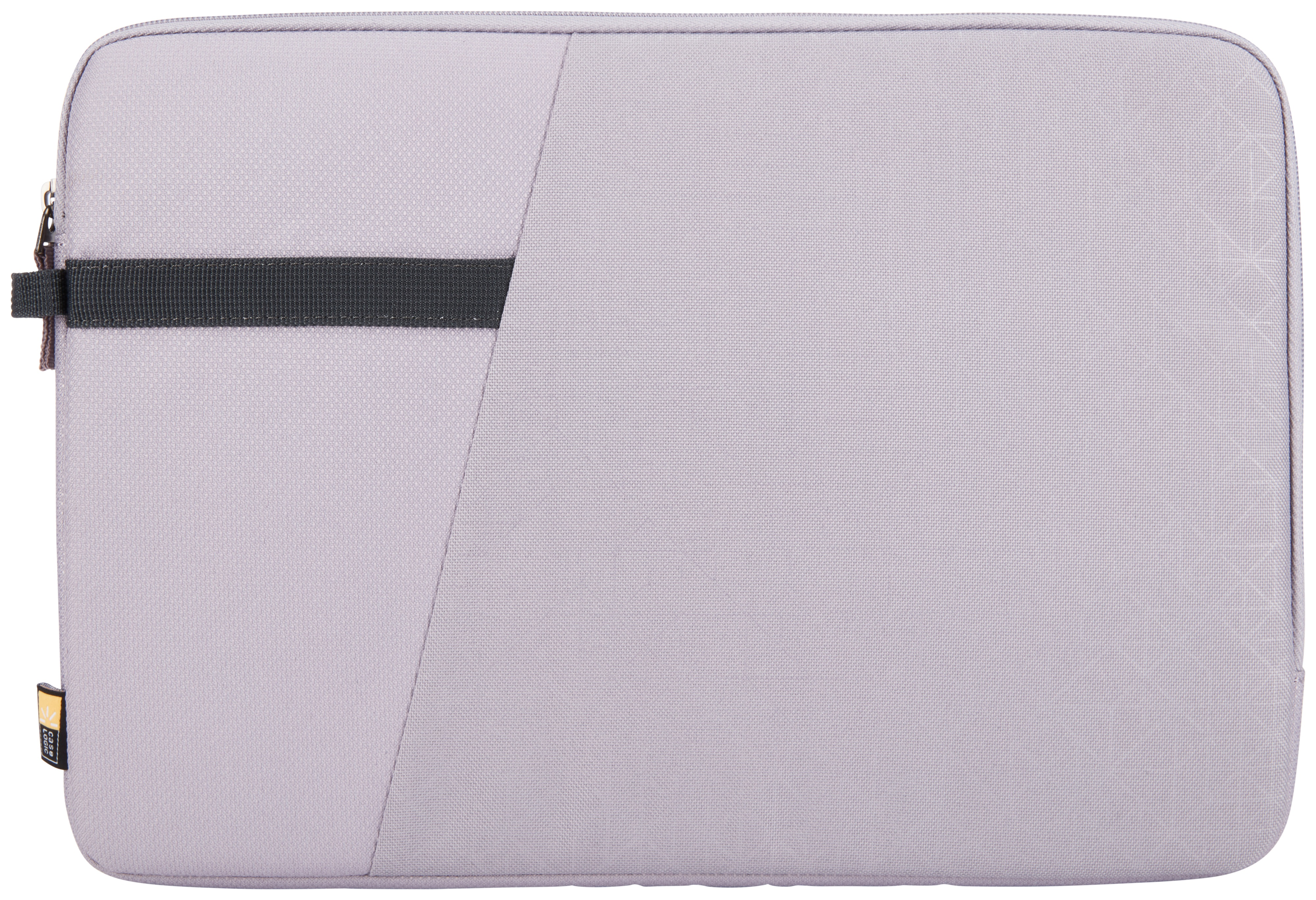 Custodia per laptop grigio chiaro con cinturino e cerniera grigio scuro.