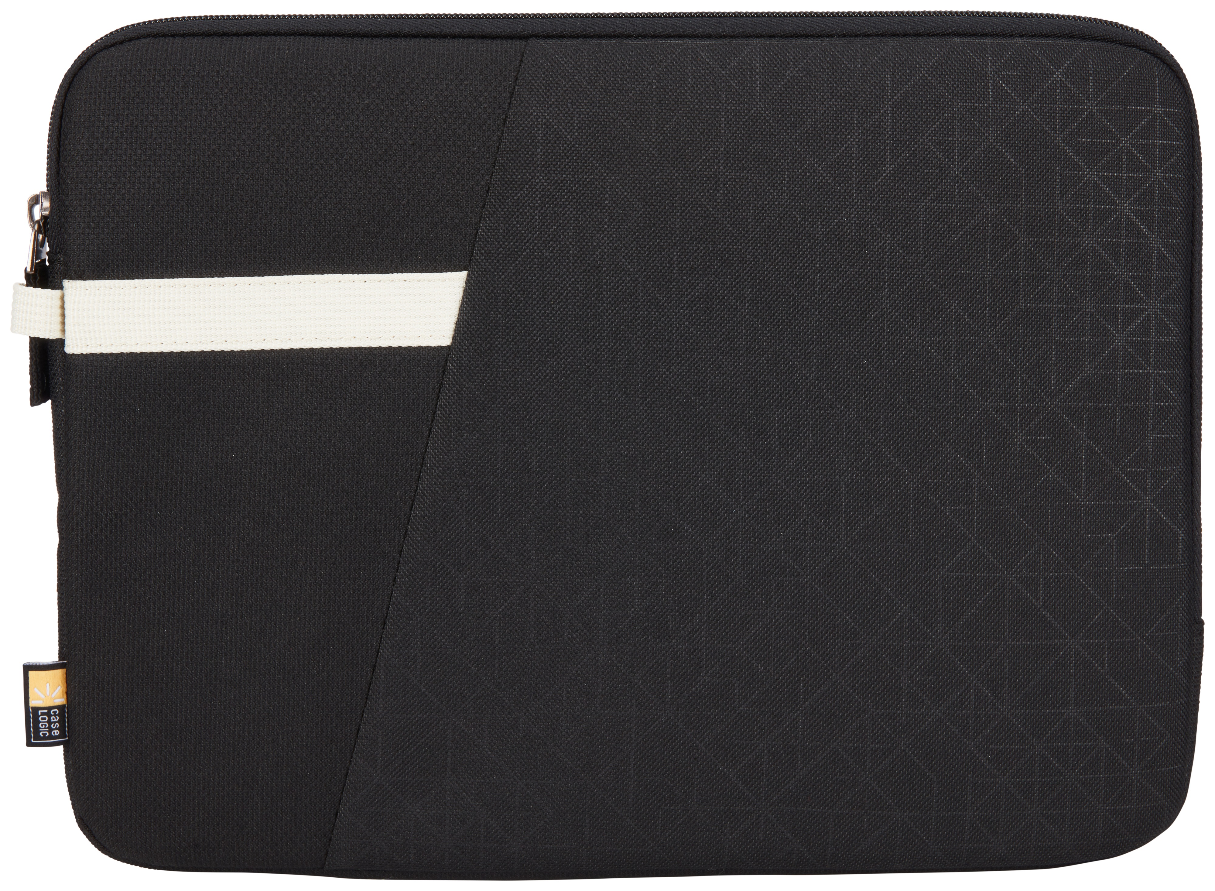 Schwarze Laptoptasche mit weißem Streifen und geometrischem Muster auf der rechten Seite, auf Weiß.