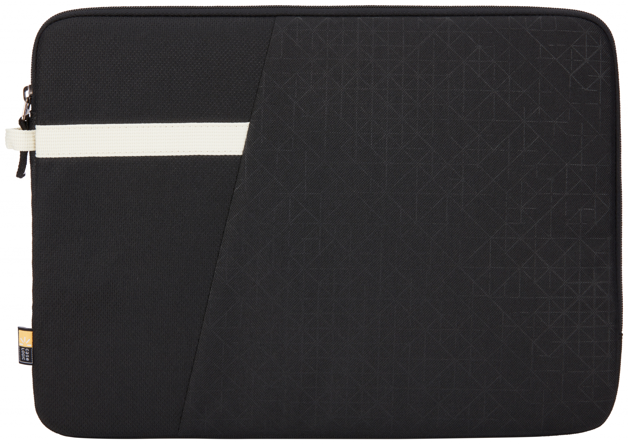 Zwarte laptoptas met een witte streep en het Case Logic-logo. De tas is zwart en geometrisch.