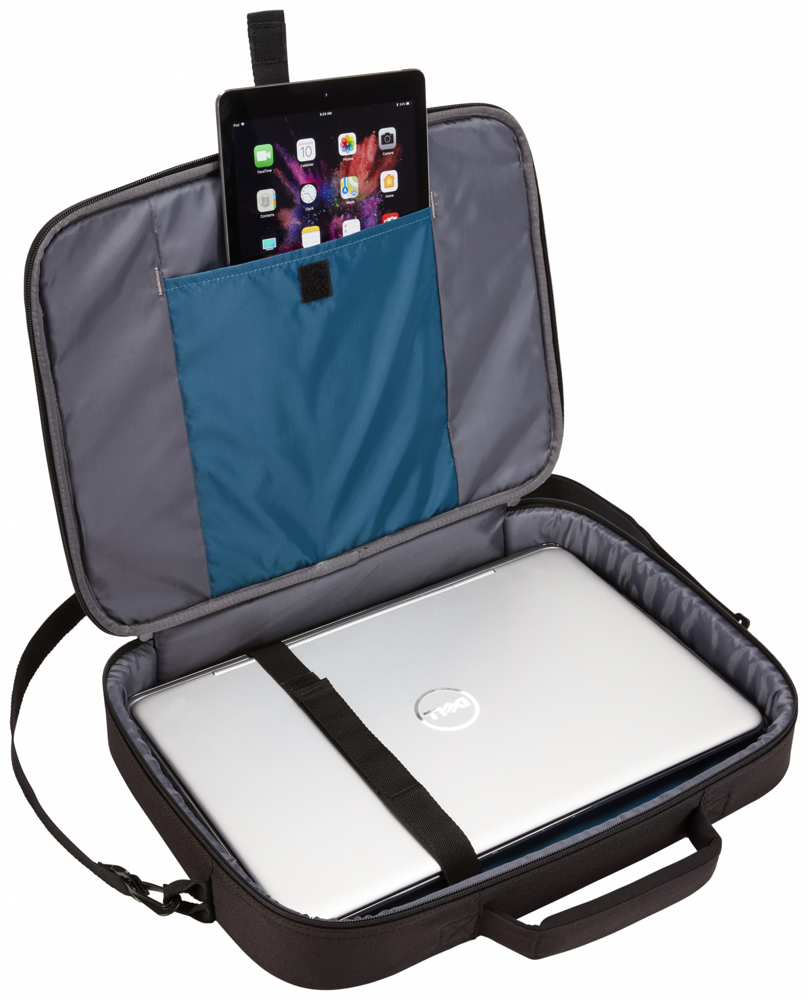 Borsa per laptop nera aperta con tablet e laptop all'interno. Cinturino nero laterale.