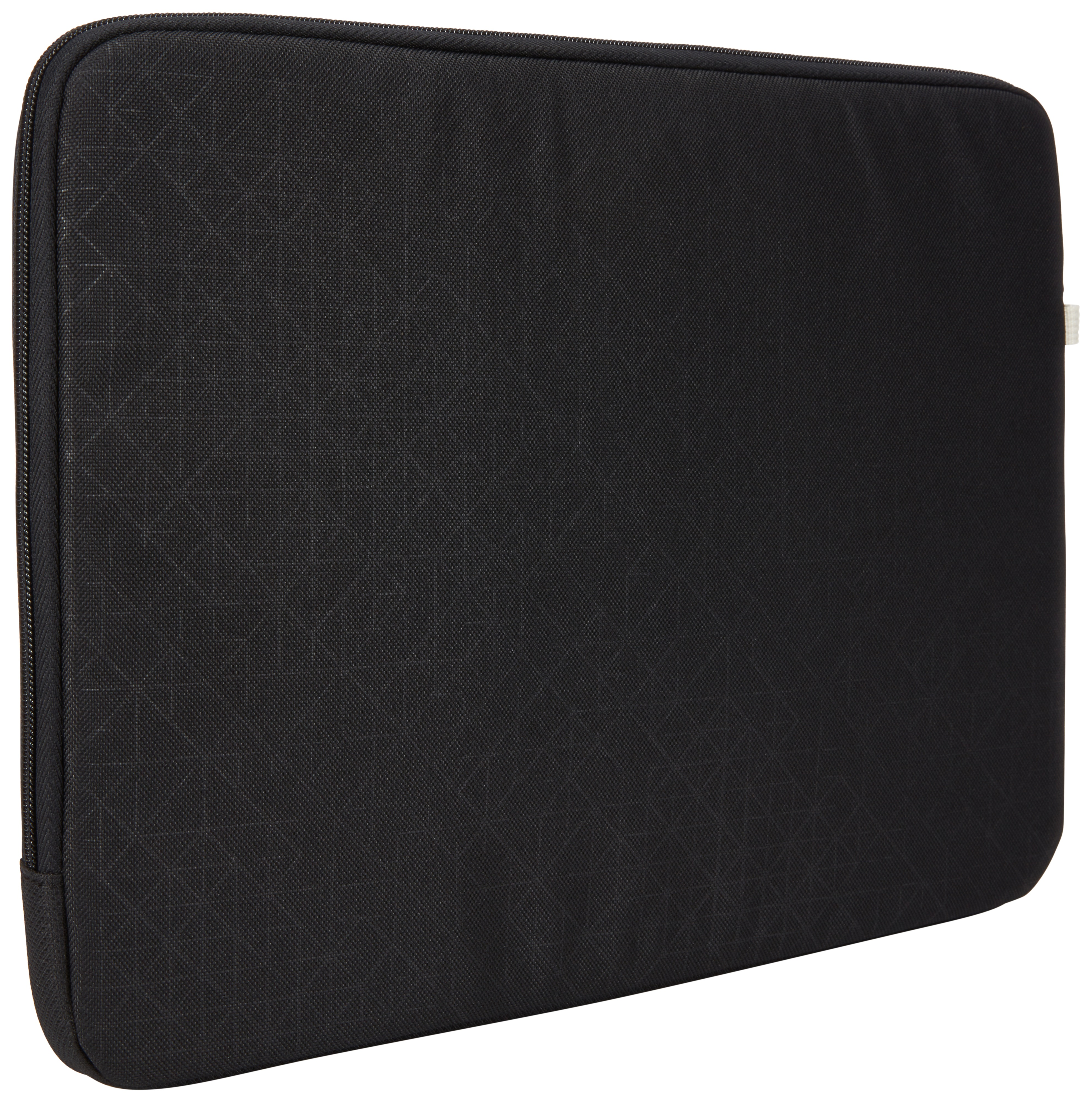 Custodia per laptop nera. È rettangolare con una cerniera laterale. Il tessuto ha un motivo geometrico.