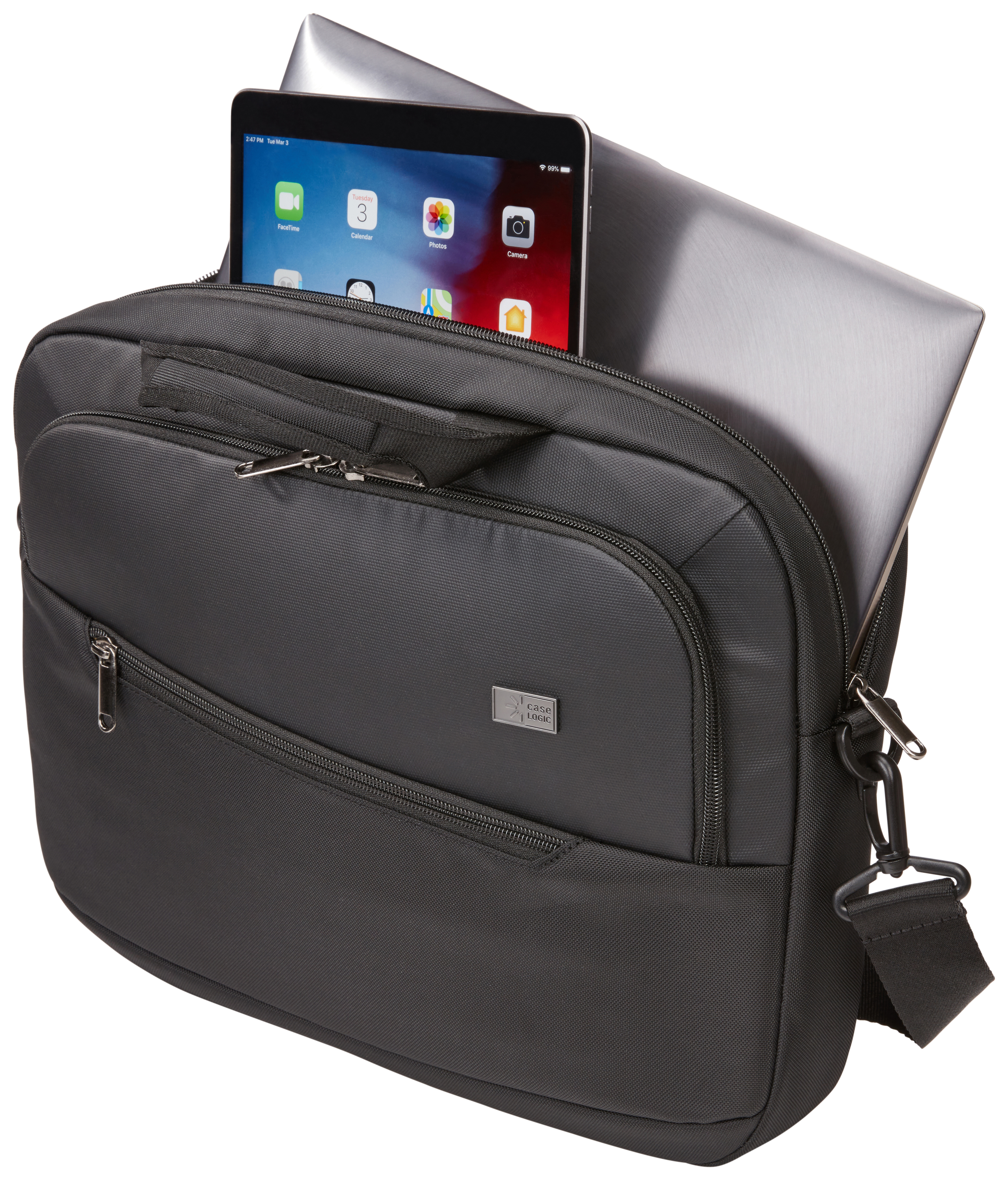 Una valigetta nera con un tablet e un laptop all'interno.