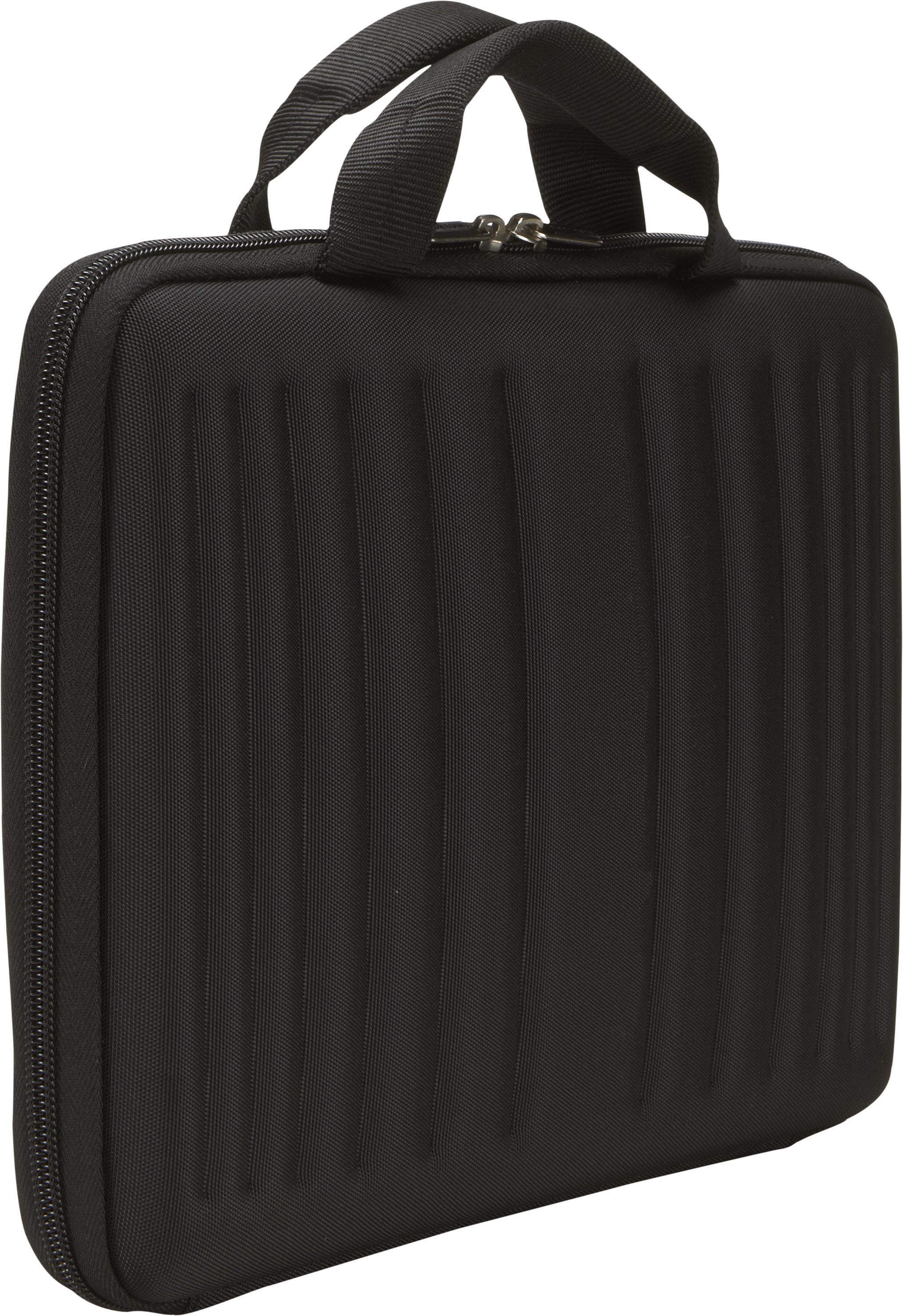 Borsa nera per laptop con scanalature verticali e cerniera.