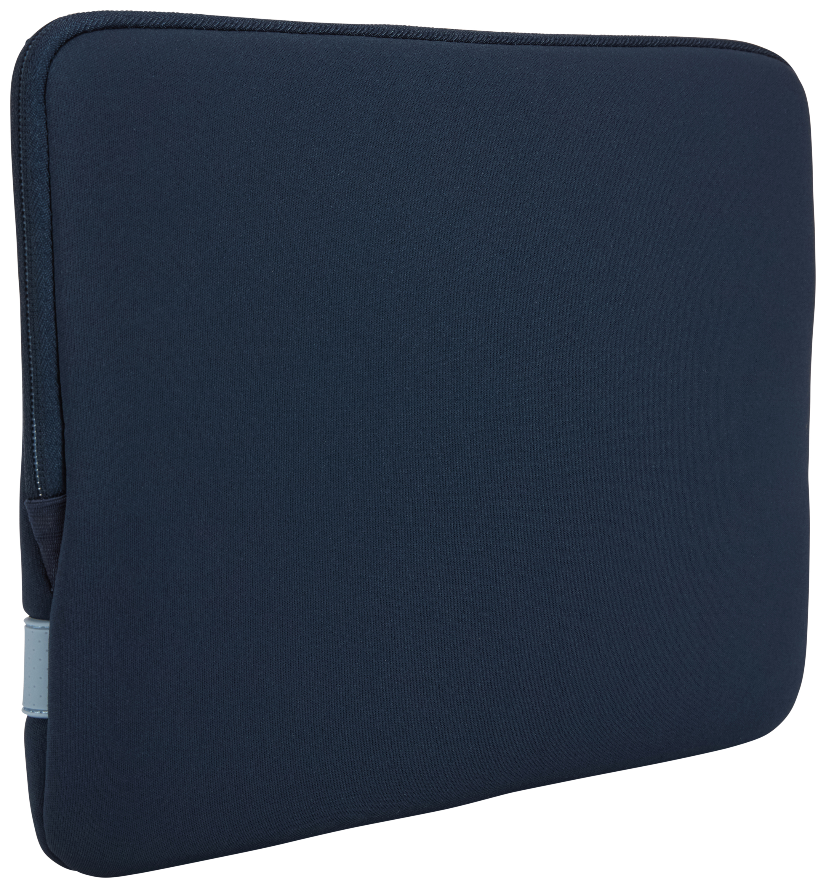 Een marineblauwe laptoptas met een rits en een klein lichtblauw accent.