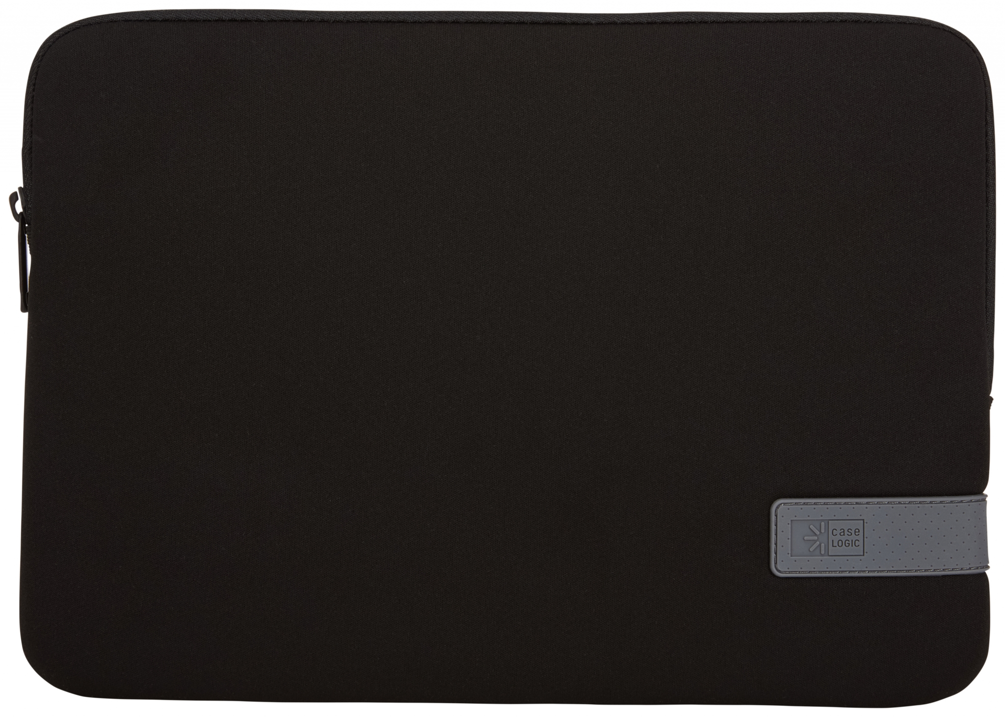Una custodia nera per laptop. Ha un accento grigio e un'etichetta Case Logic.