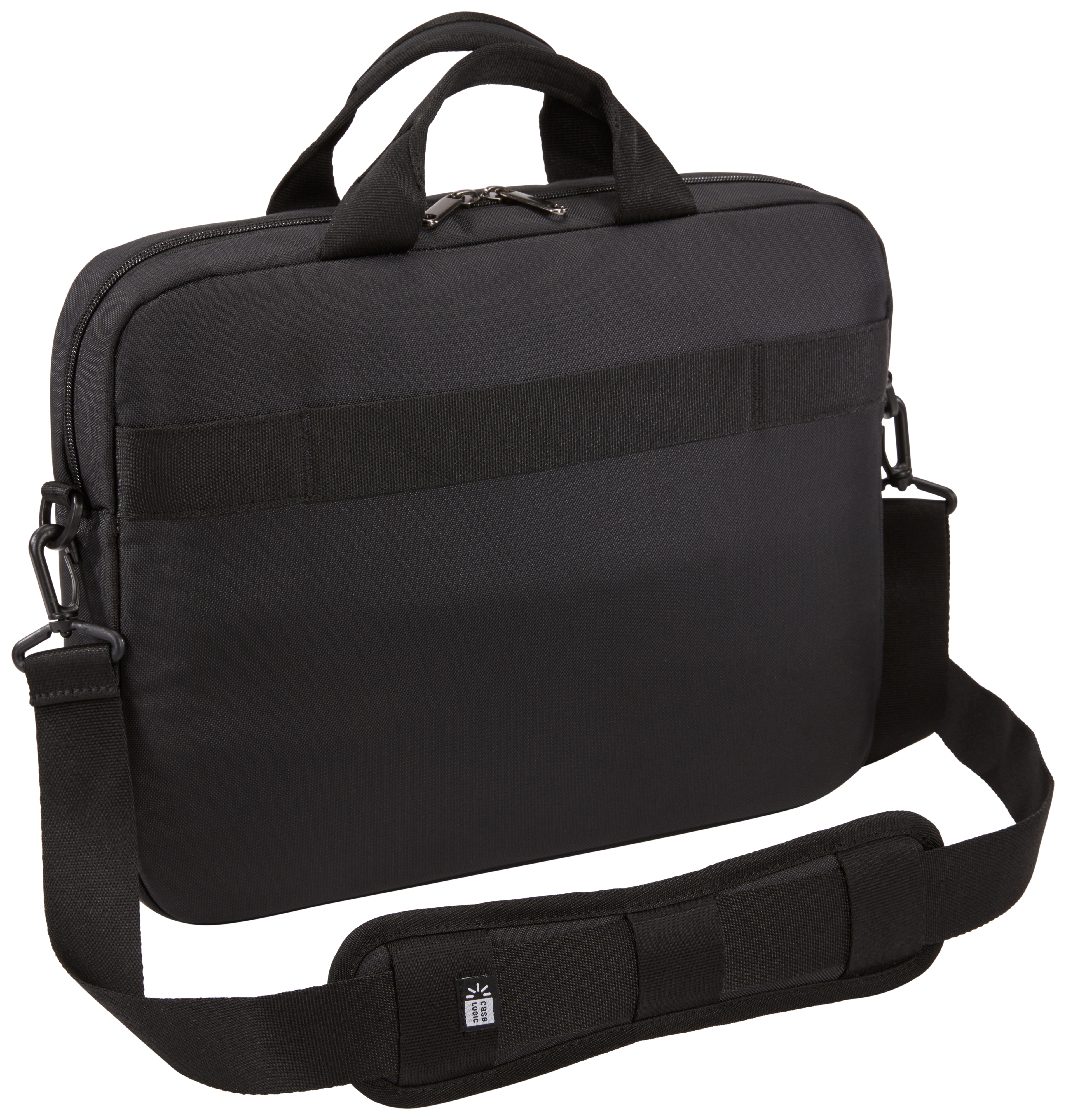 Borsa nera per laptop con tracolla e manico. Chiusura con zip. Sfondo bianco.