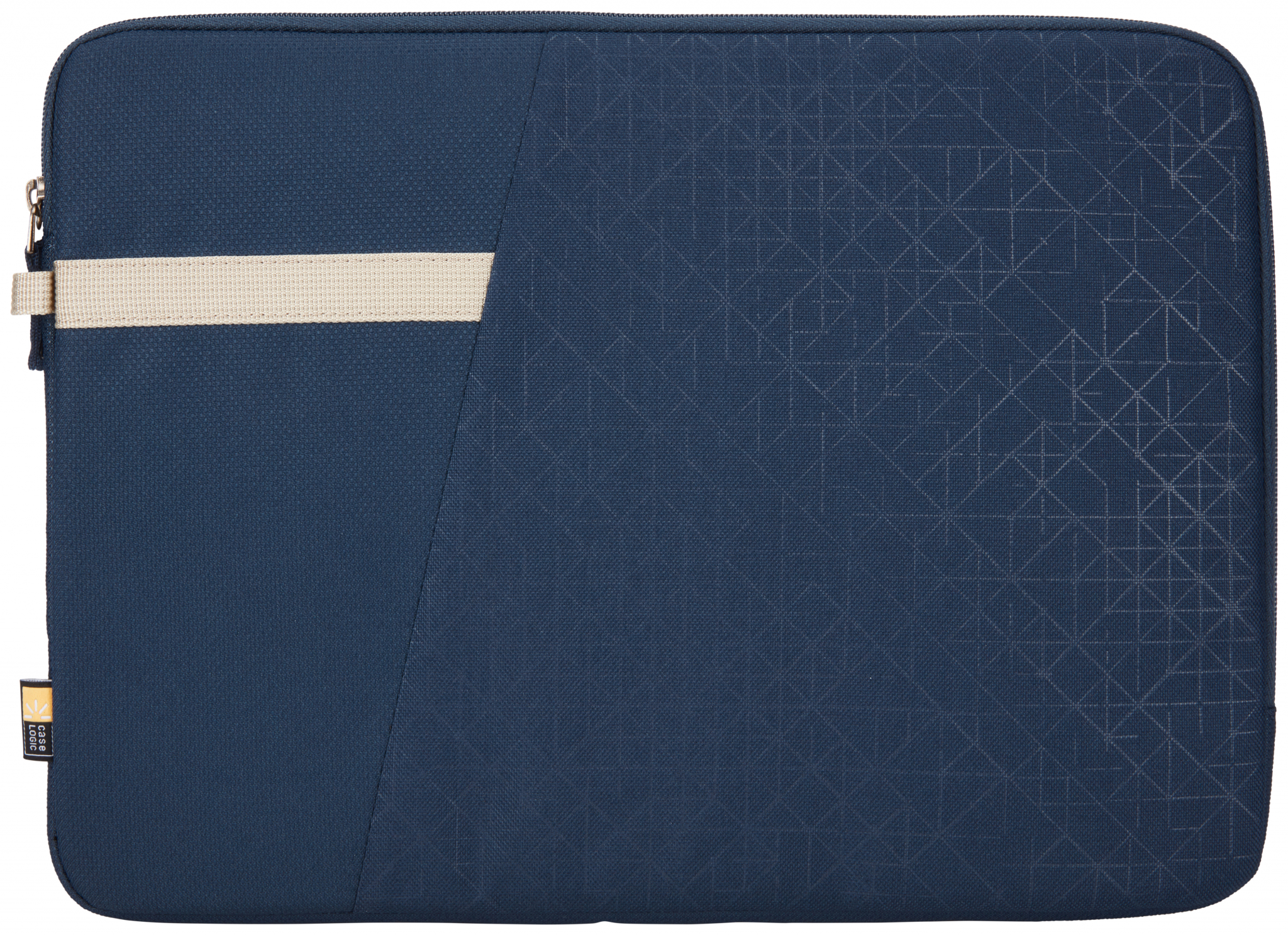 Donkerblauwe laptoptas. Beige streep over de bovenkant. Ritssluiting. Case-logo linksonder.