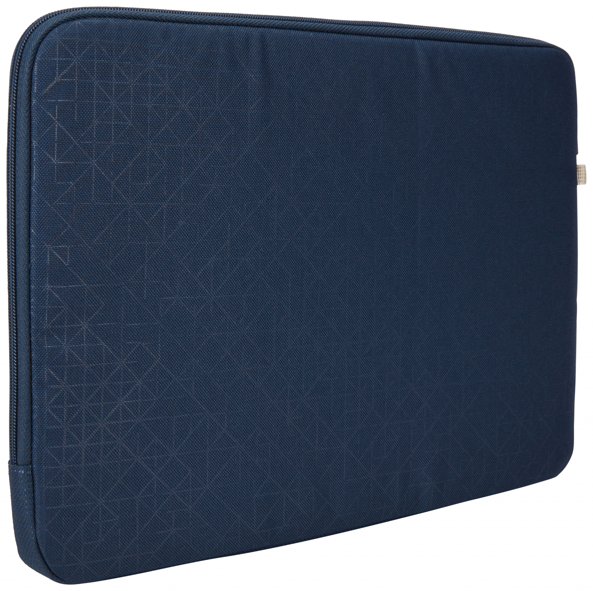 Marineblauwe laptoptas met een rits en een geometrische patroontructuur.