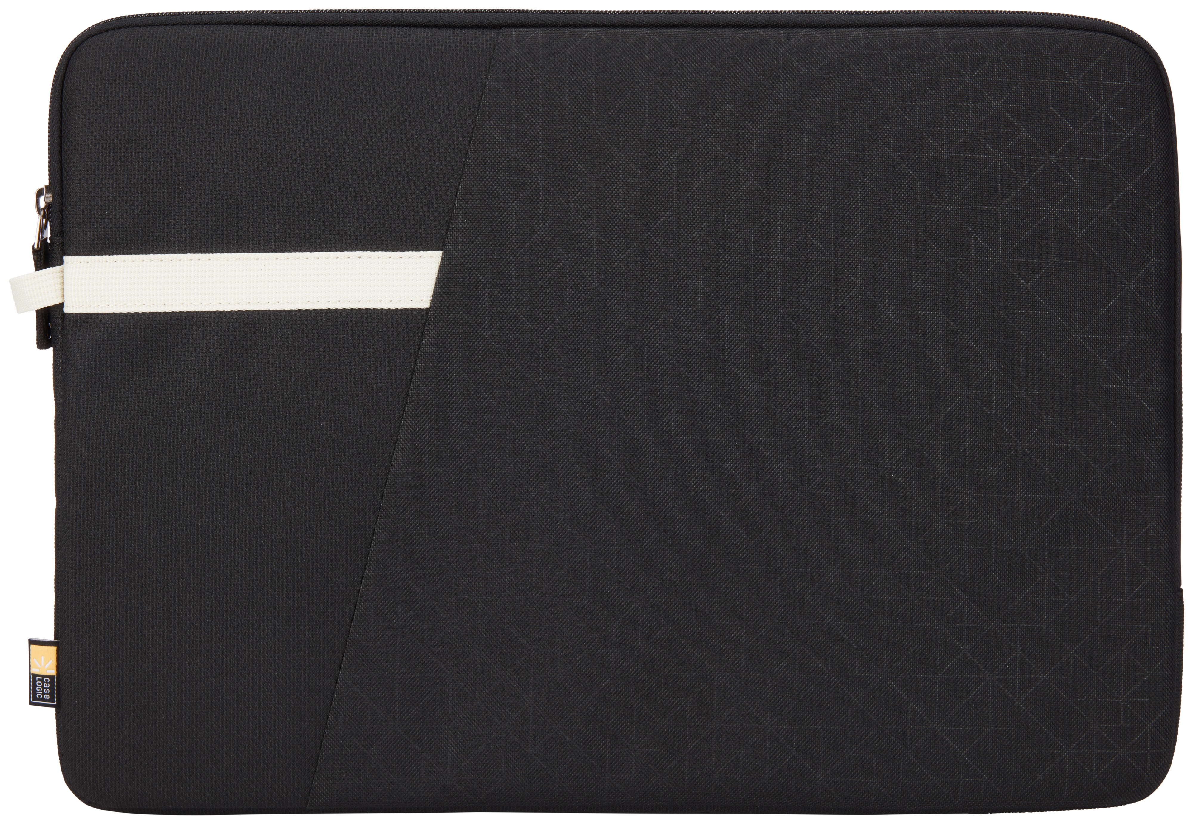 Zwarte laptoptas. Witte band en logo in de hoek.