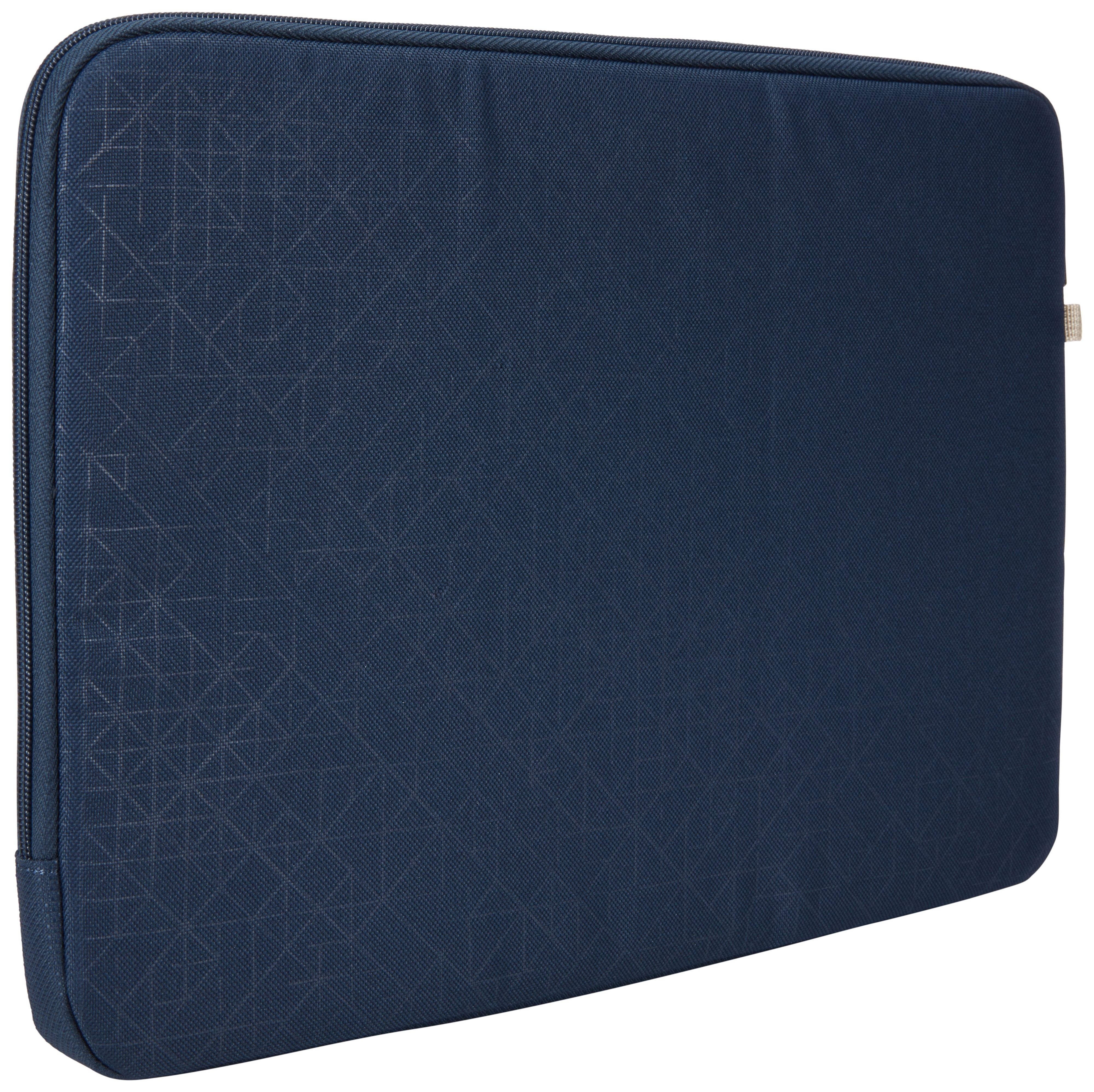 Una custodia blu per laptop con cerniera. La superficie ha un motivo.