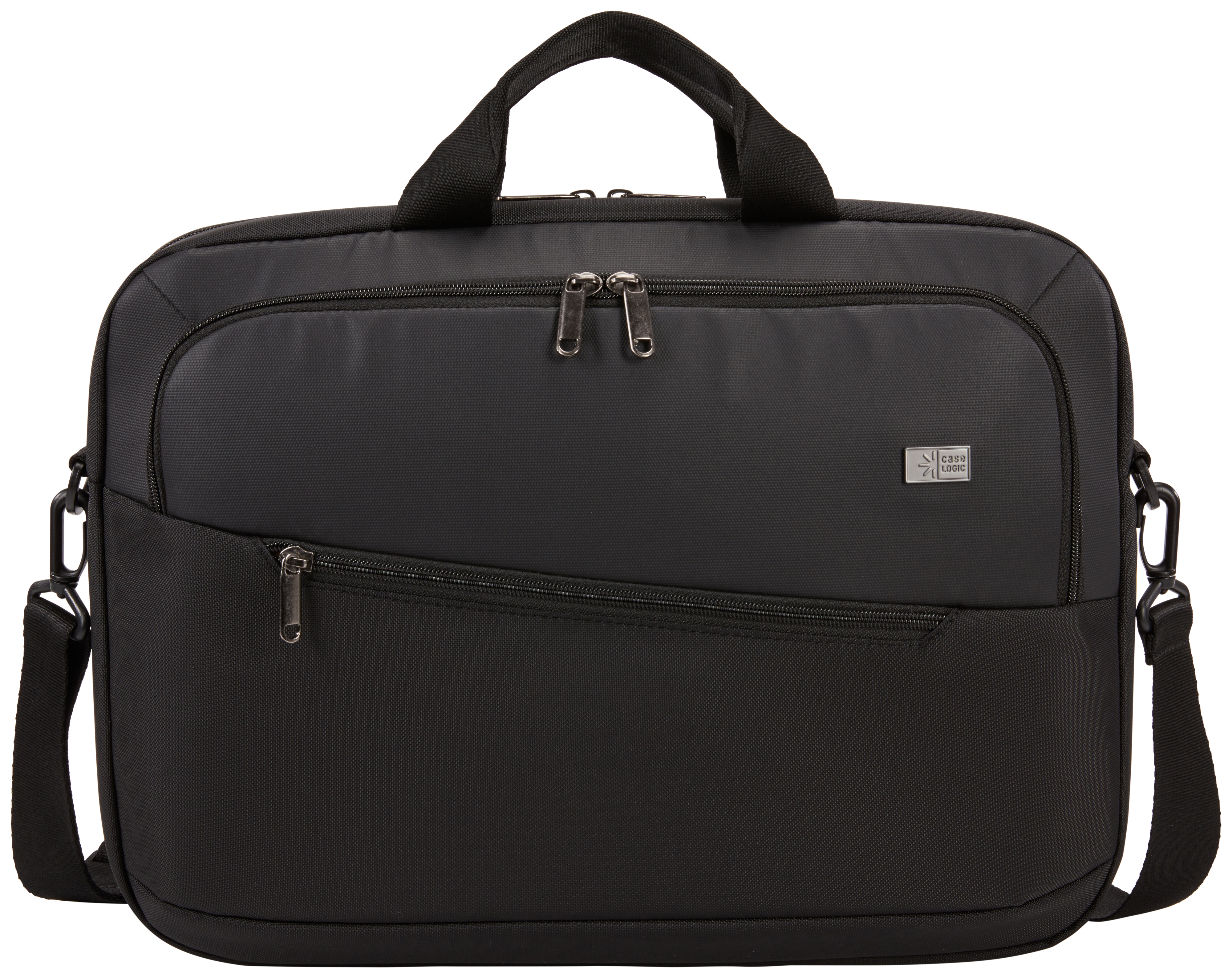 Borsa per laptop nera, con manici e tracolla. Sfondo nero.