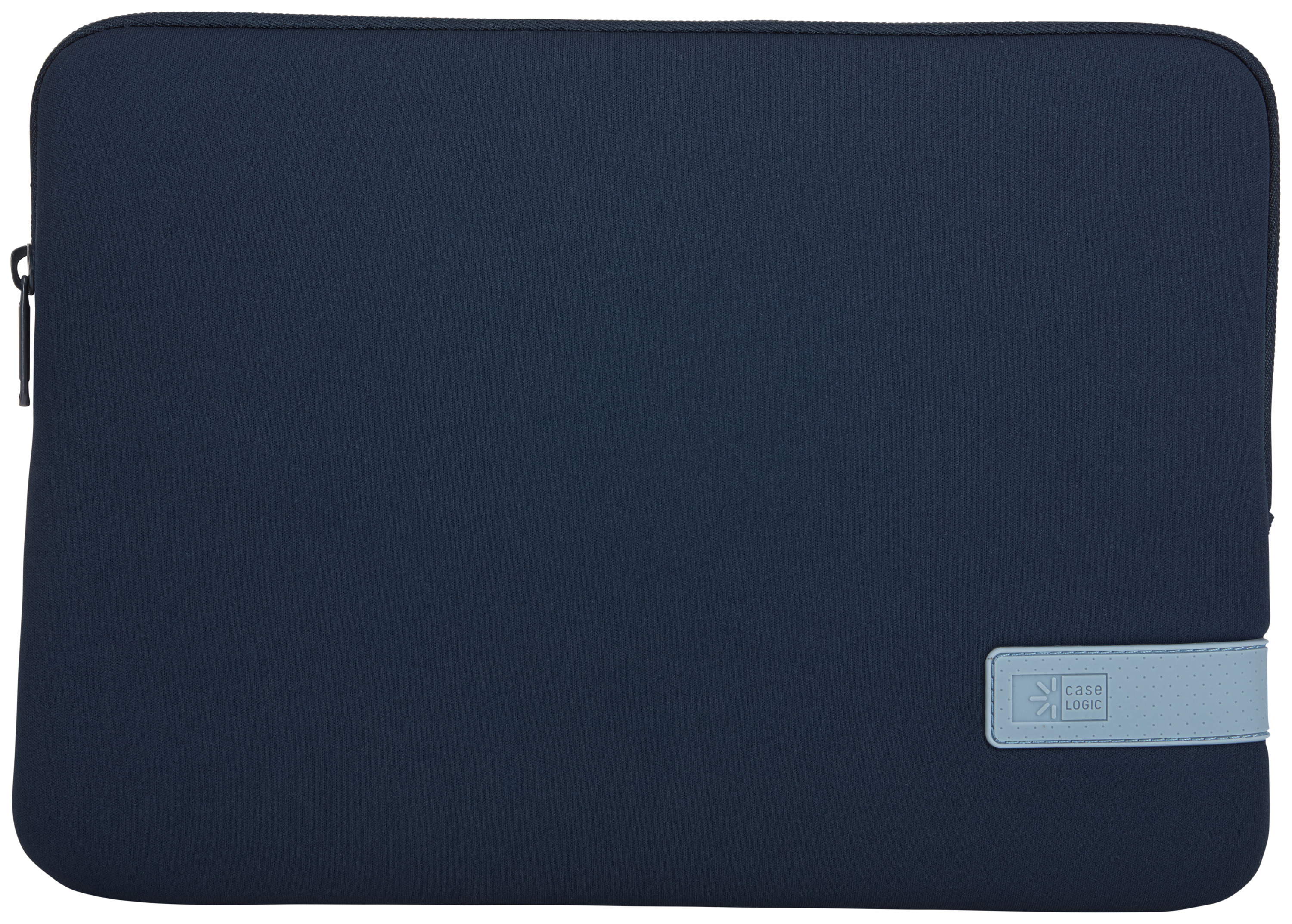 Een marineblauwe laptoptas met een grijs Case Logic-label aan de voorkant.
