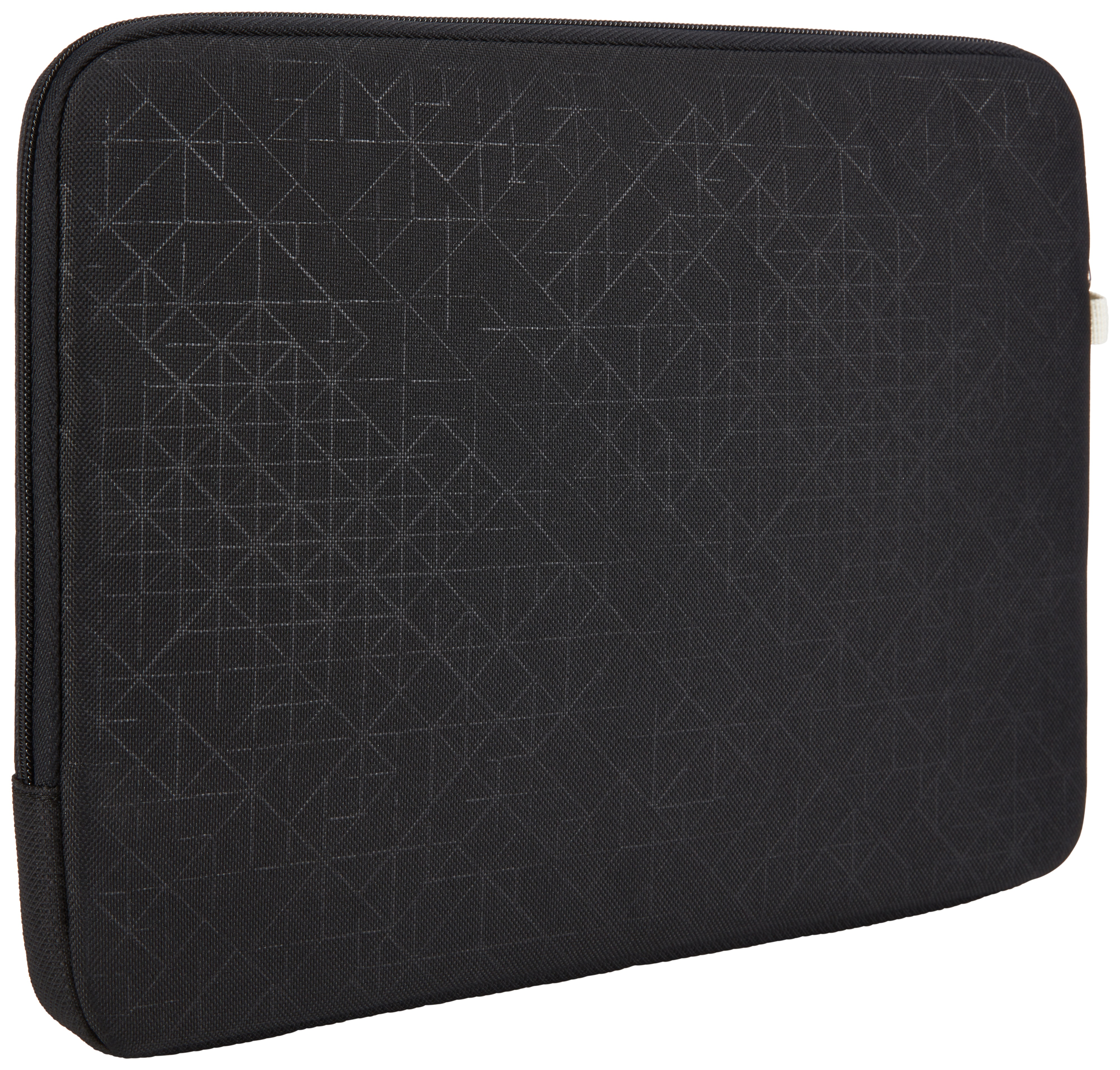 Schwarze Laptoptasche. Strukturierte Oberfläche mit geometrischem Muster. Reißverschluss seitlich.