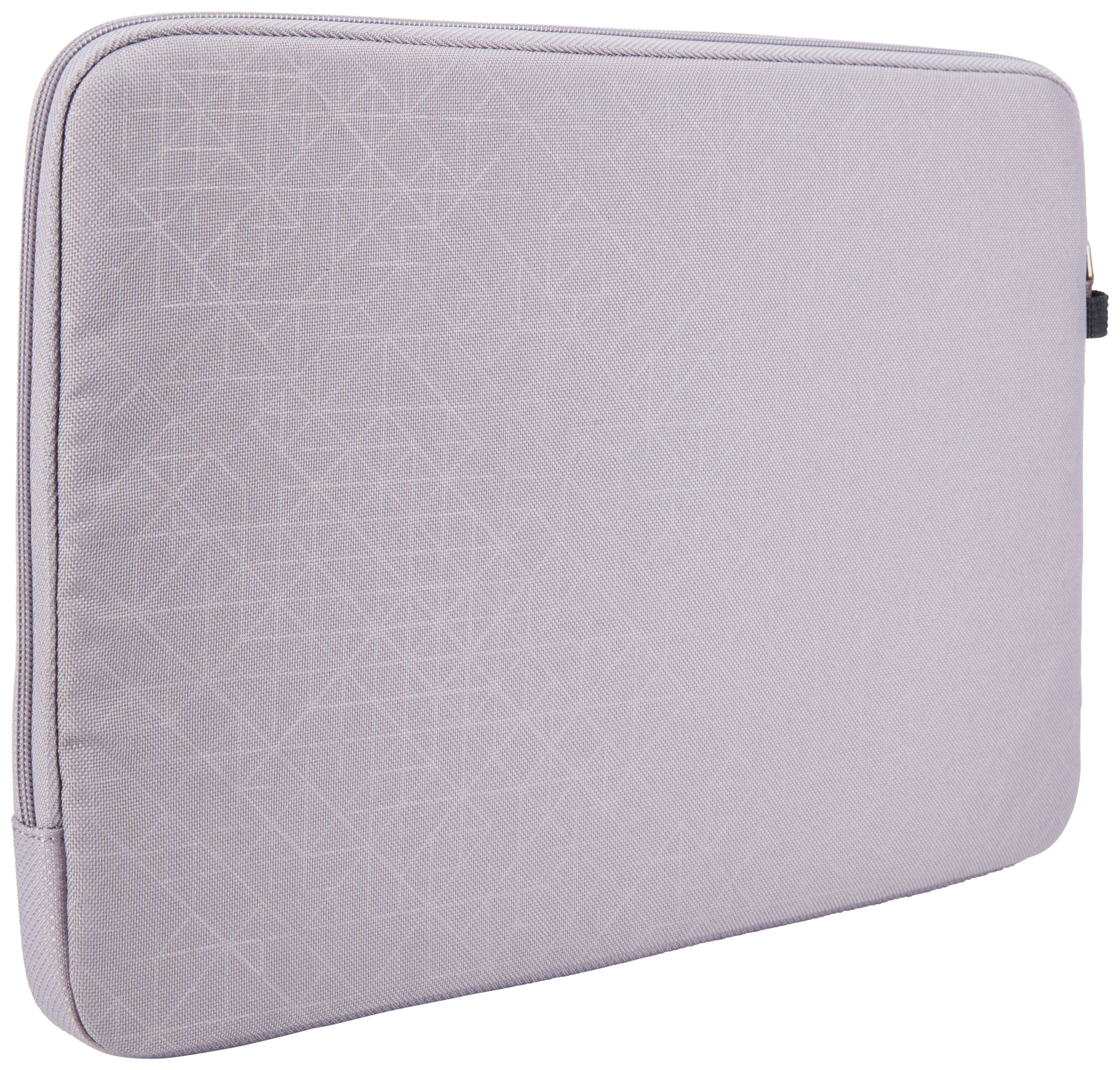 Una custodia per laptop grigio chiaro, con chiusura a zip e superficie testurizzata.