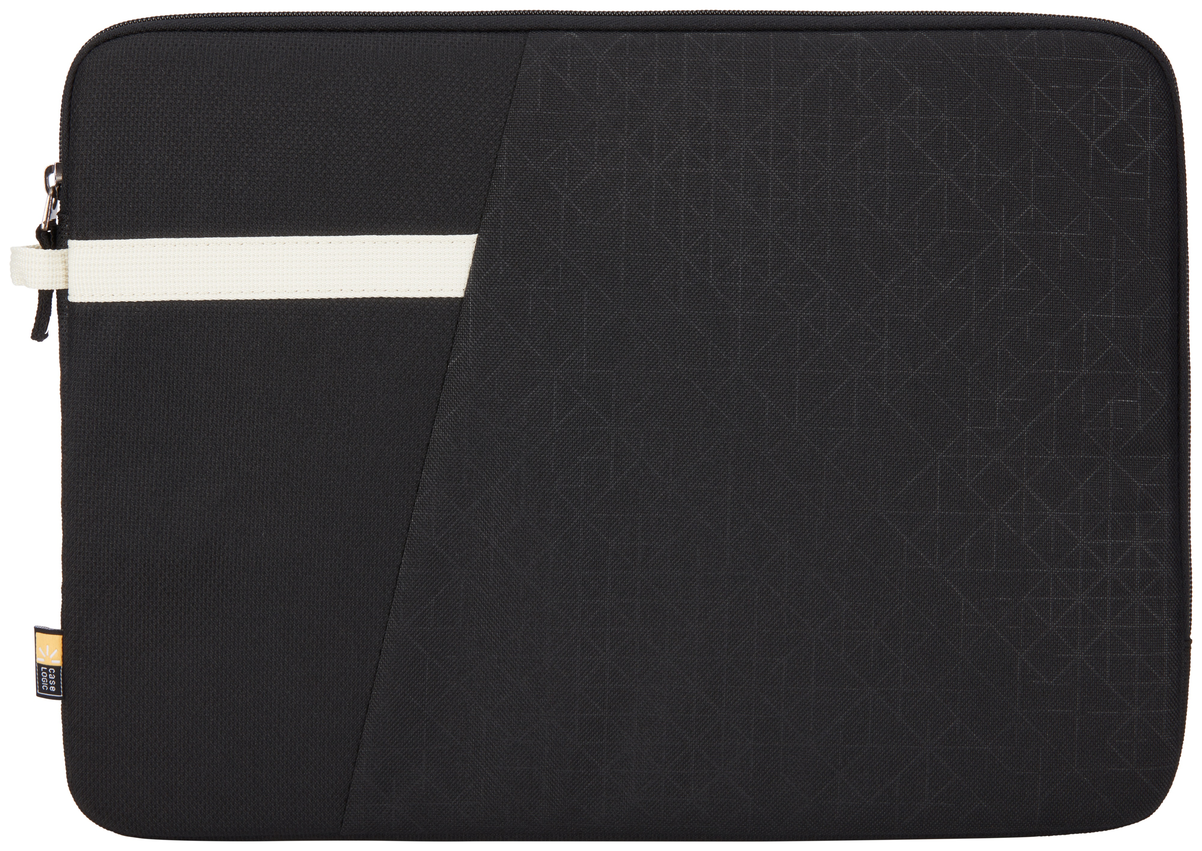 Custodia nera per laptop con una striscia bianca e il logo del marchio. Lo sfondo è bianco.