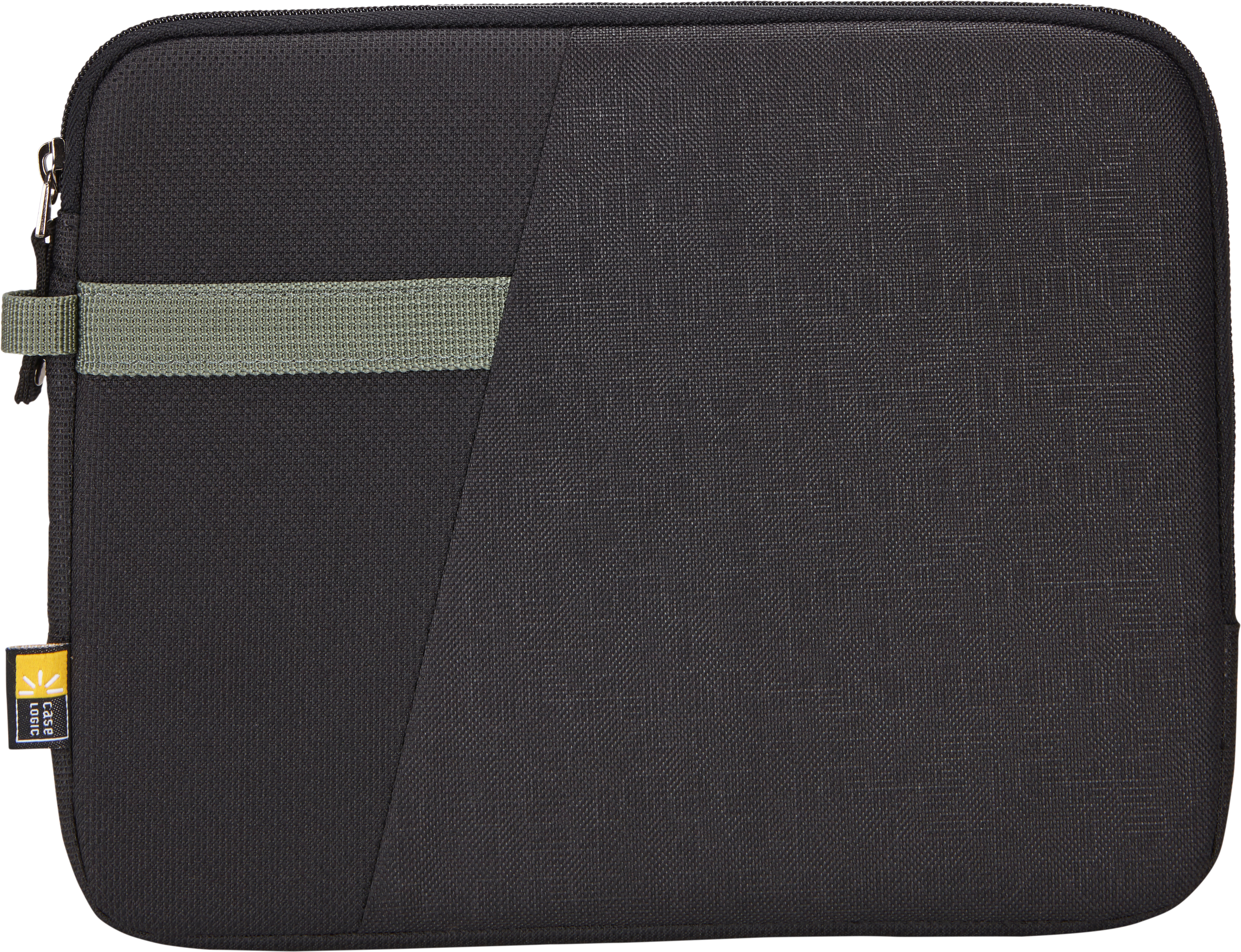 Schwarze Laptop-Hülle mit grünem Riemen und Case Logic-Etikett. Die Hülle ist geschlossen.