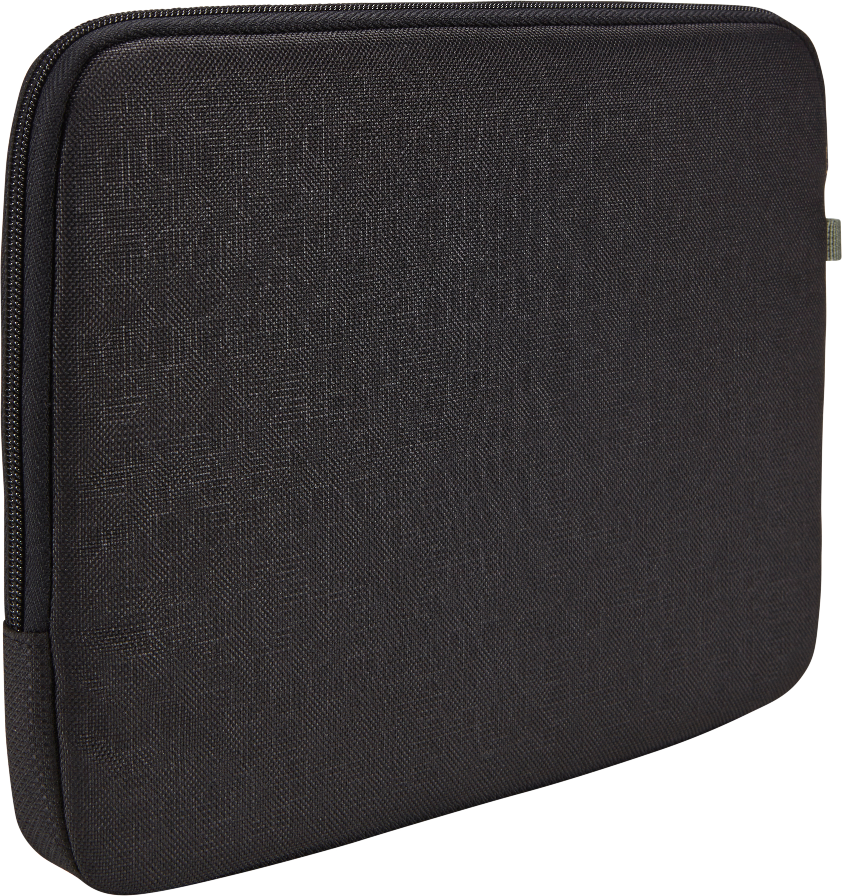 Schwarze Laptoptasche mit Reißverschluss, geschlossen.