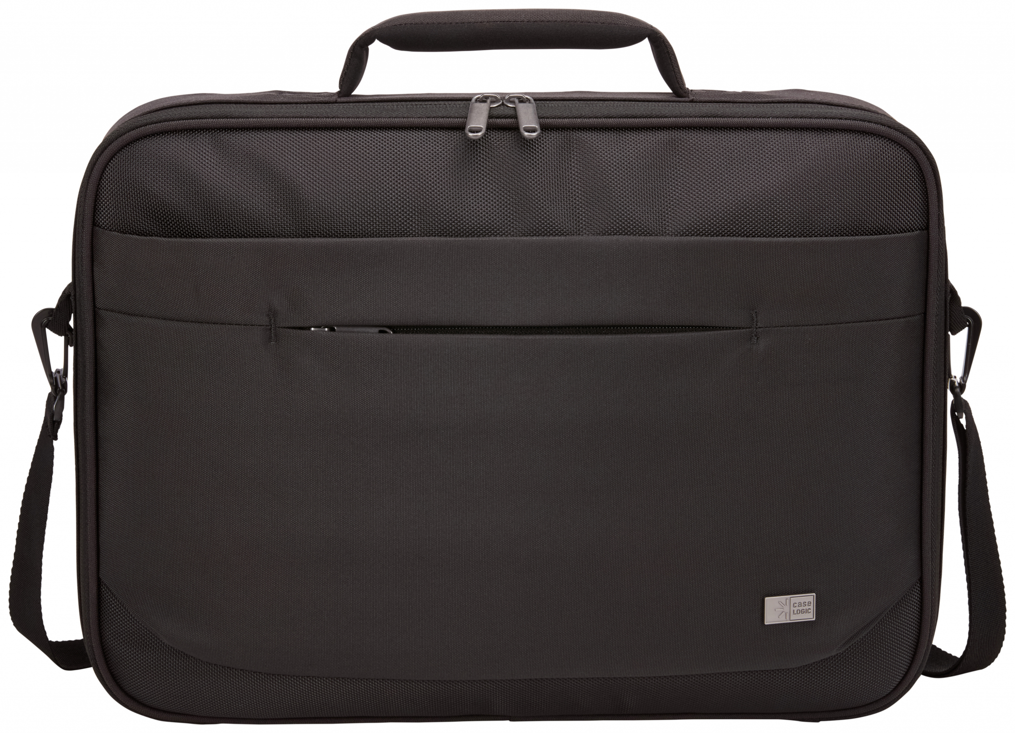 Borsa per laptop nera con tracolla e manici.