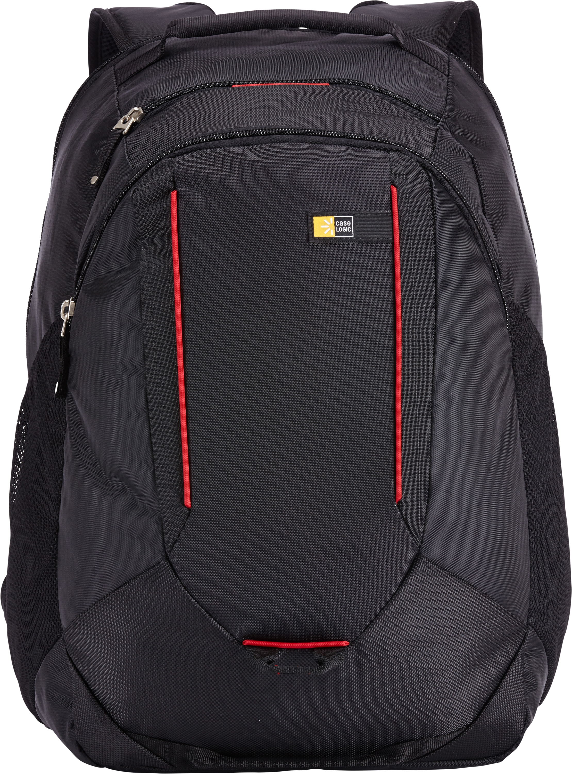 Ein schwarzer Rucksack mit roten Akzenten und Reißverschlüssen, mit Case Logic Logo.