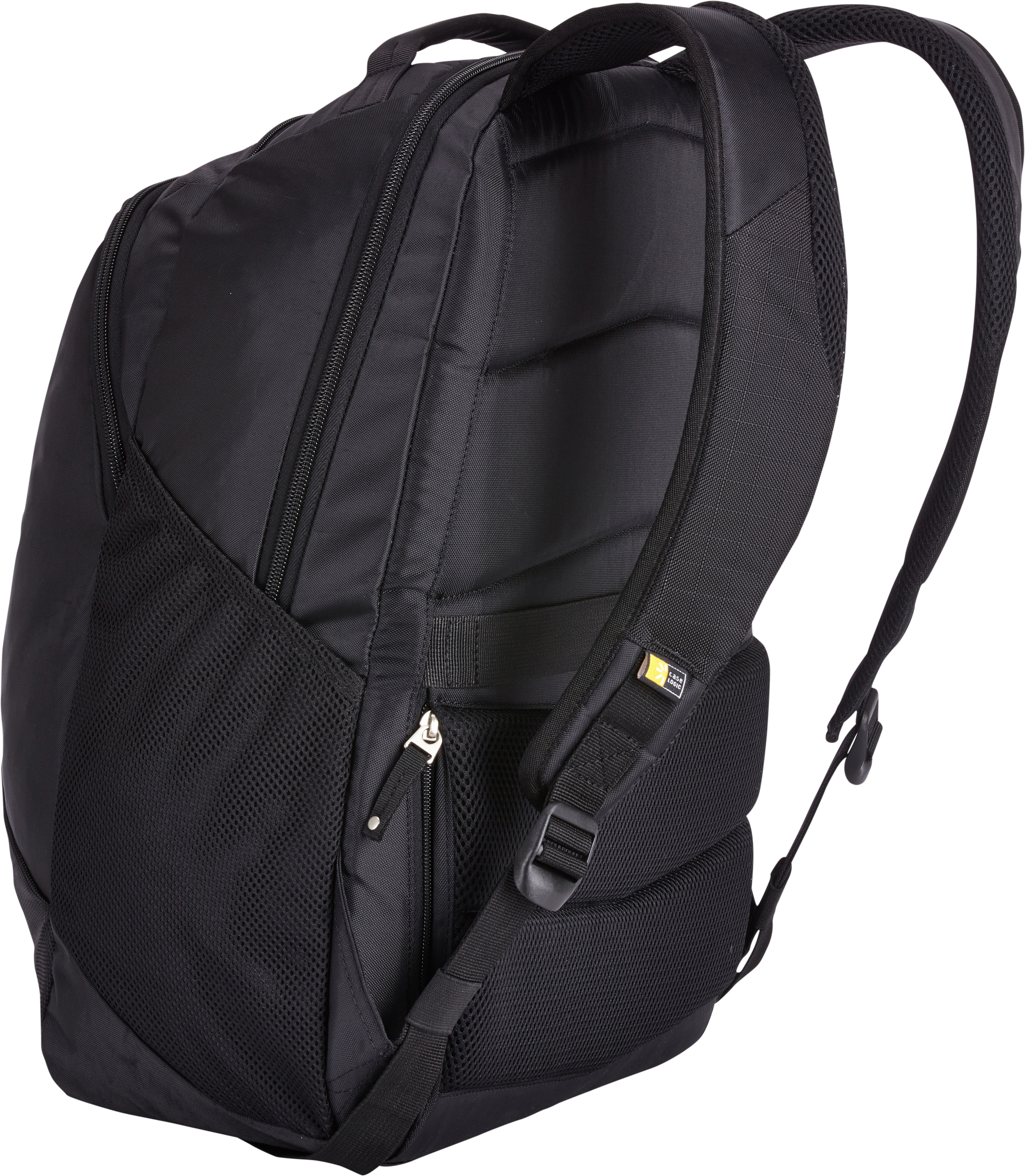 Schwarzer Rucksack mit Netztaschen, Case Logic Logo und Trägern. Rückseite sichtbar.