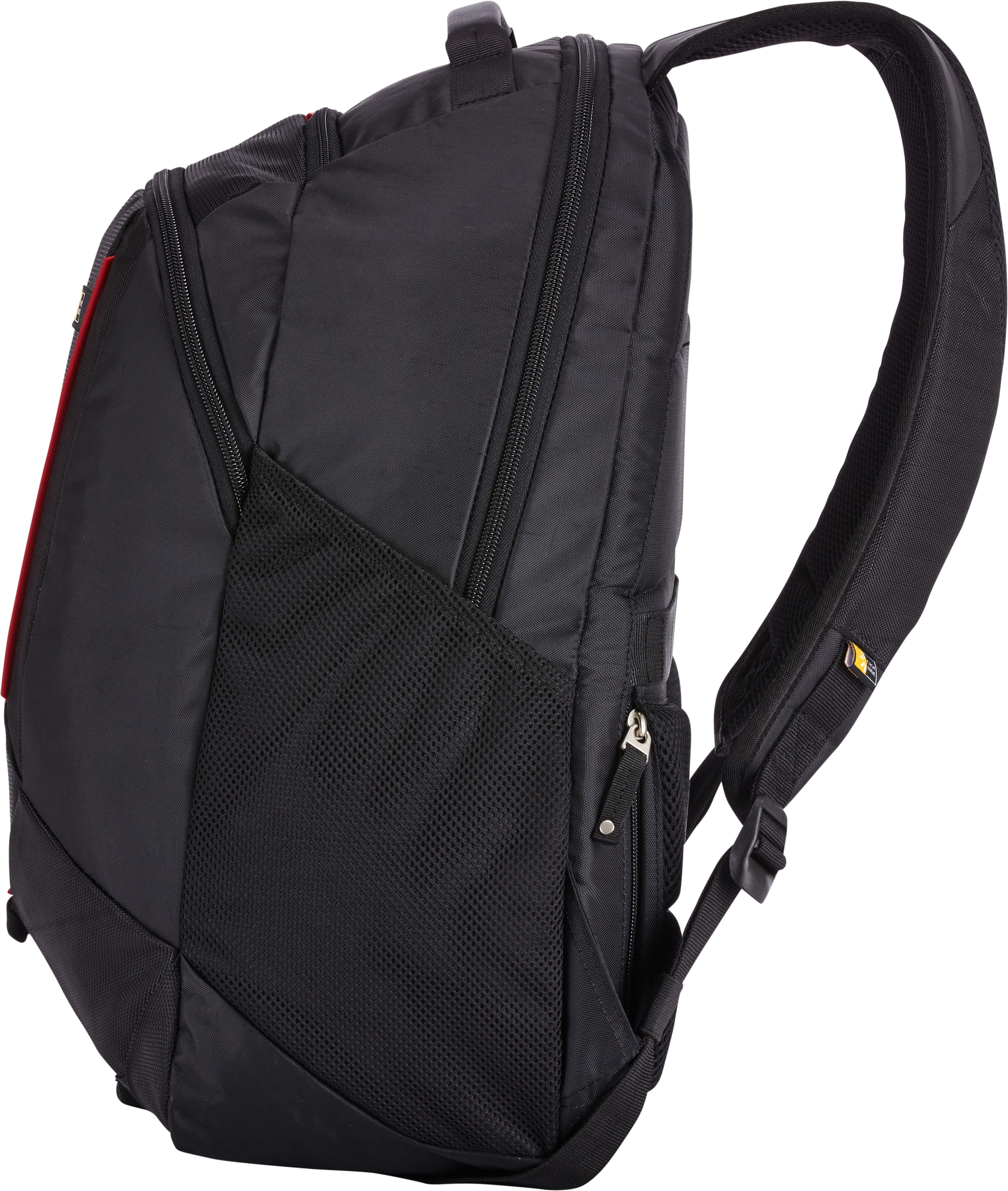 Schwarzer Rucksack mit Seitentasche und rotem Akzent. Schultergurt sichtbar.