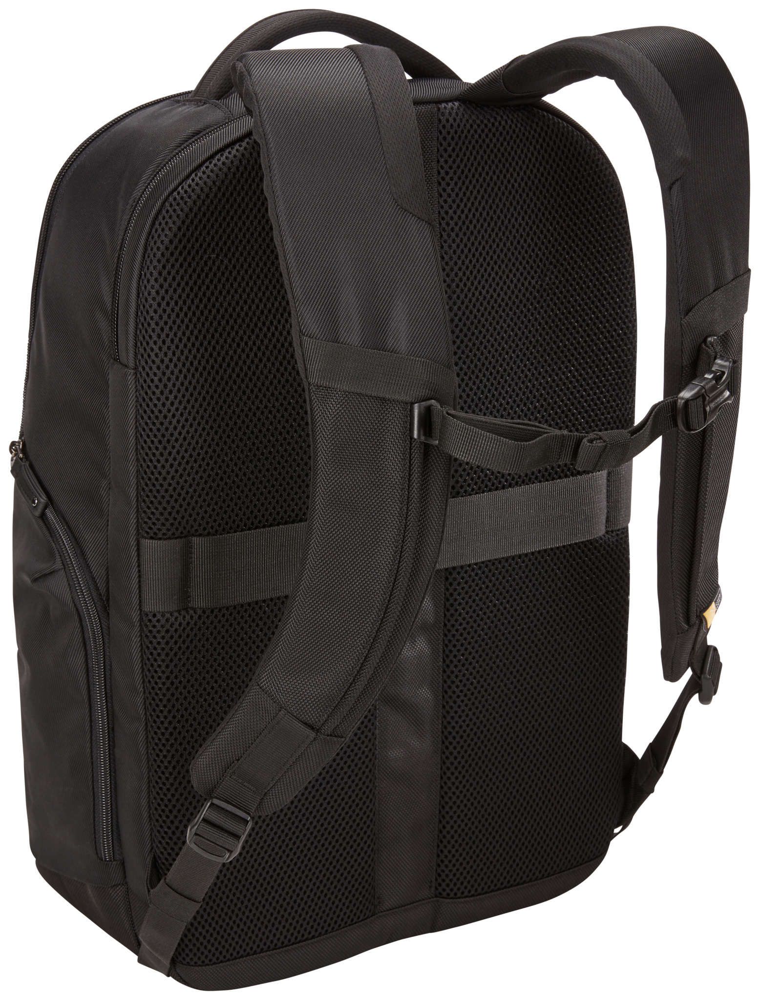 Schwarzer Rucksack mit Mesh-Rückenstütze und Schultergurten.