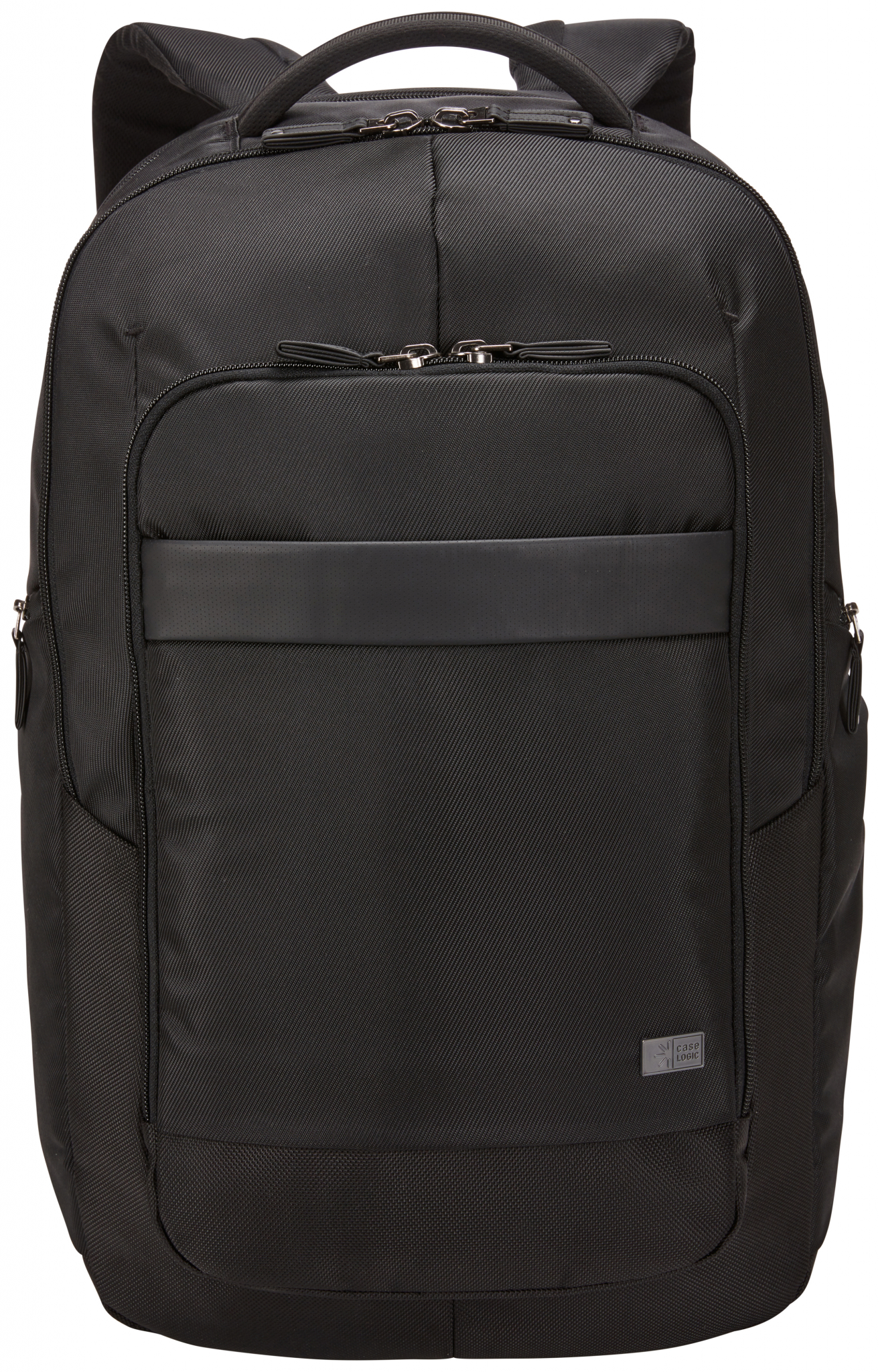 Ein schwarzer Rucksack mit mehreren Taschen und Reißverschlüssen auf weißem Hintergrund.