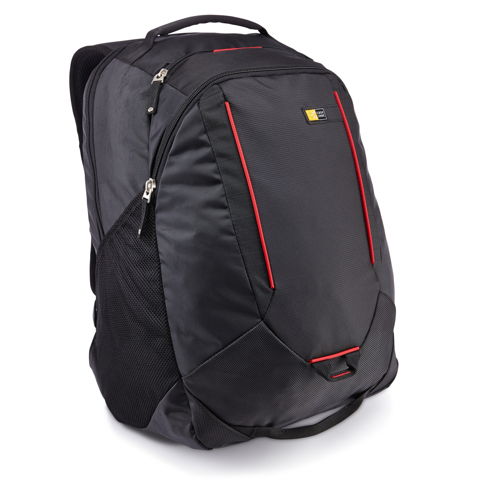 Ein schwarzer Rucksack mit roten Akzenten. Er hat mehrere Taschen und Reißverschlüsse.
