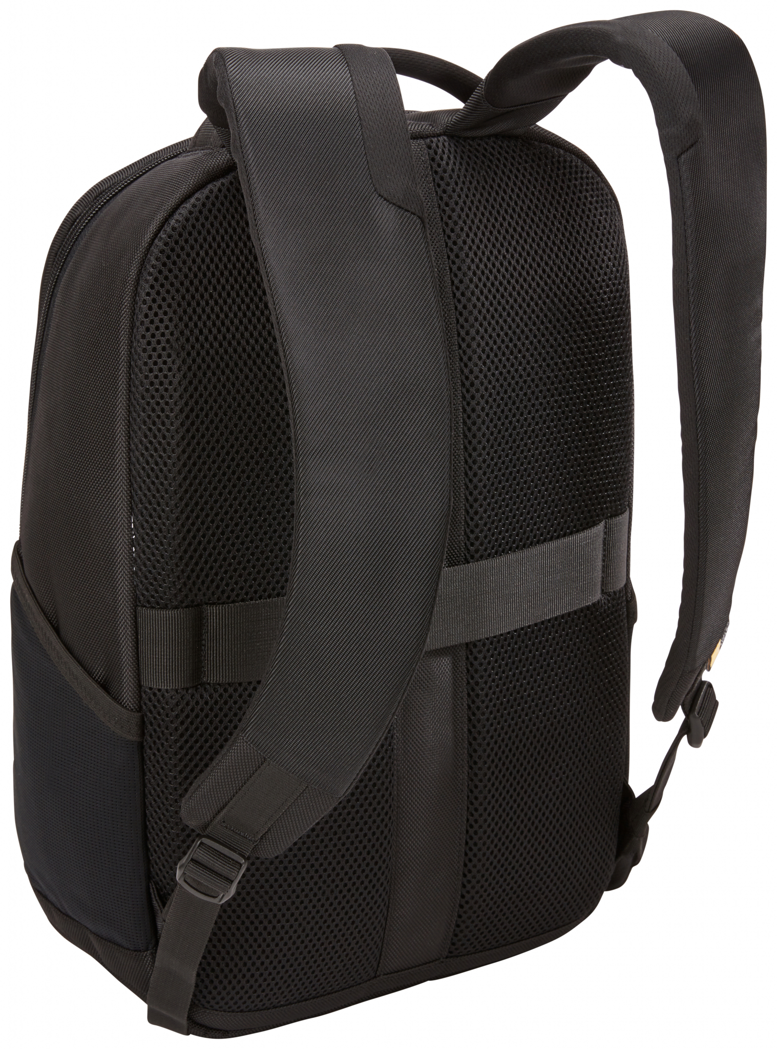 Schwarzer Rucksack mit Netzrücken und verstellbaren Trägern. Weißer Hintergrund.
