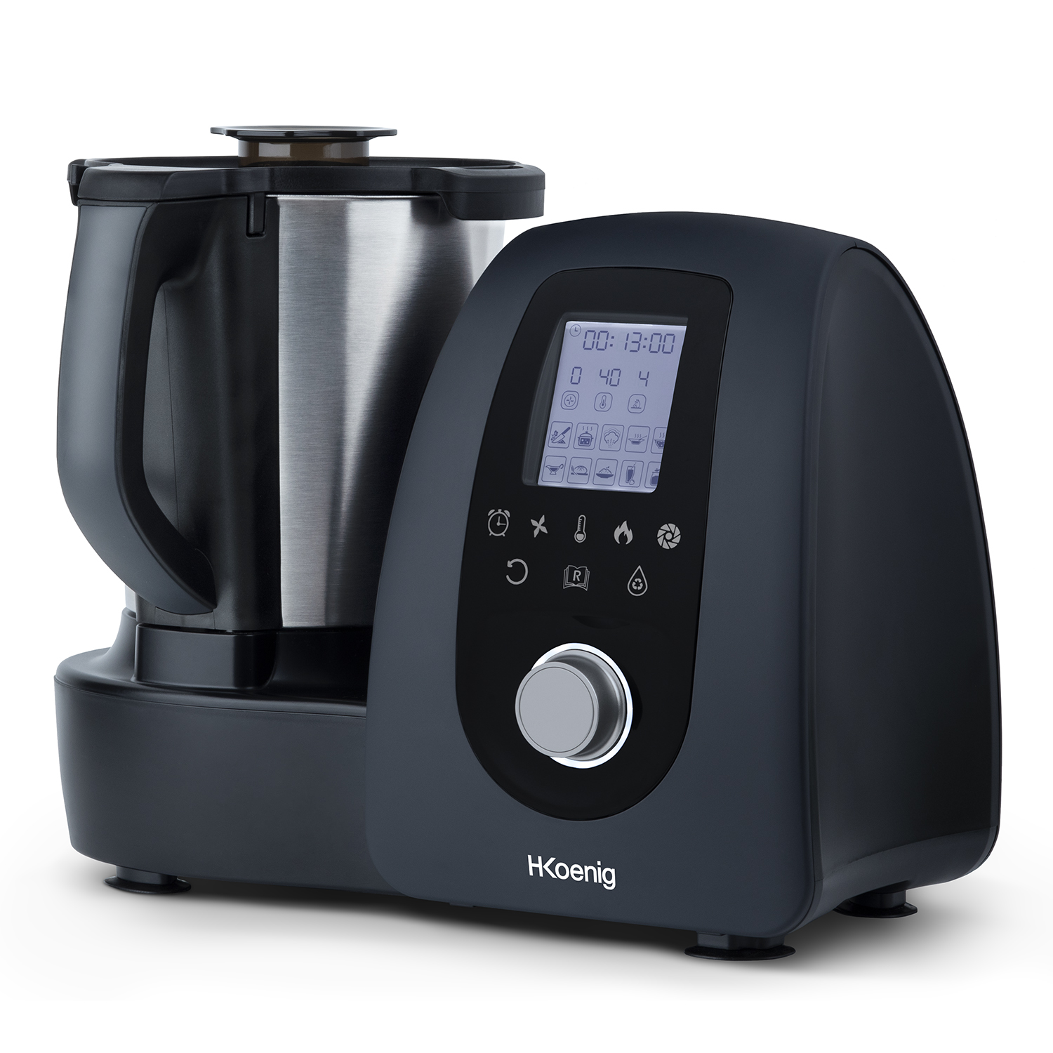 Robot da cucina nero con display digitale. Ha una ciotola e un coperchio.
