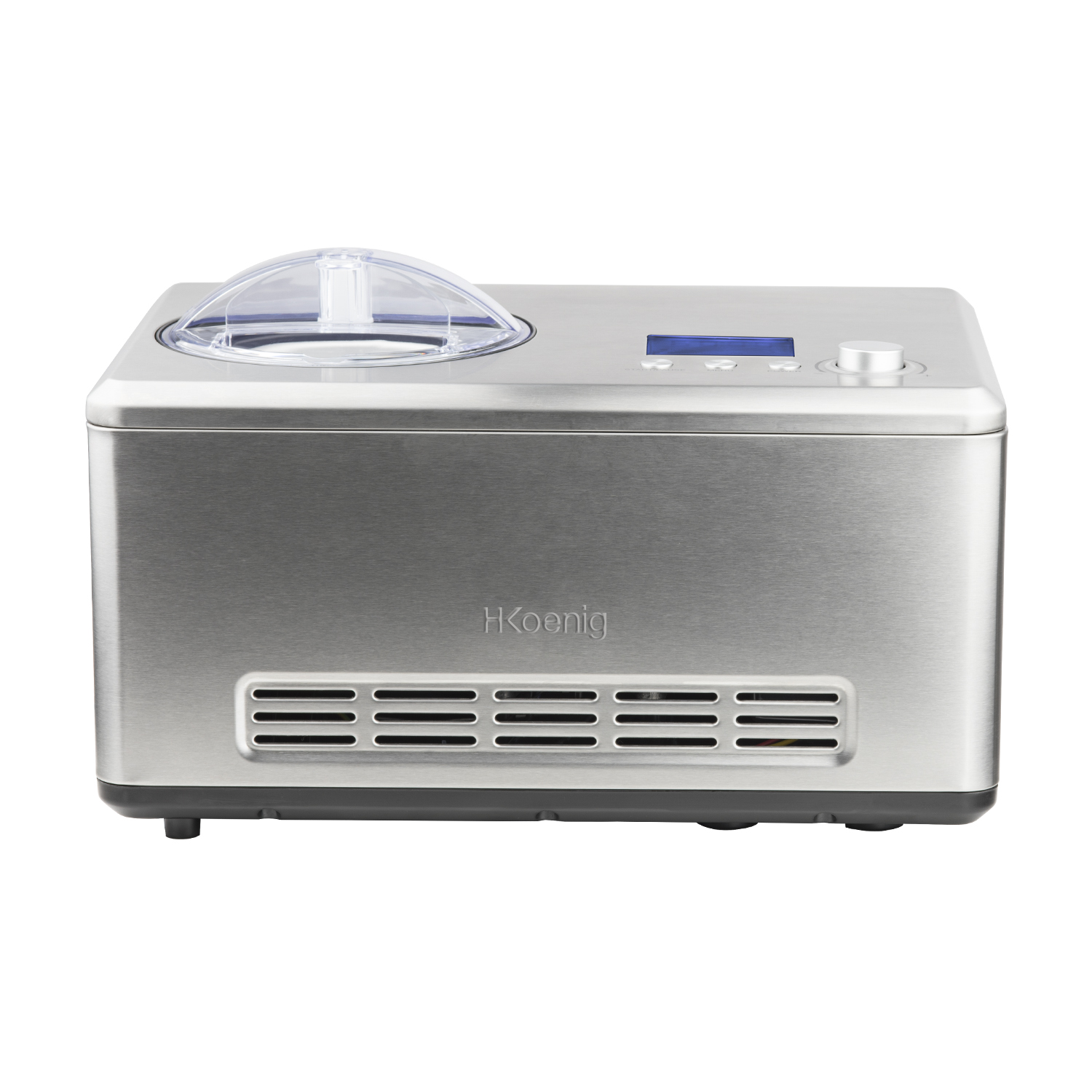 Srebrna maszyna do lodów z przezroczystą pokrywą i panelem sterowania.