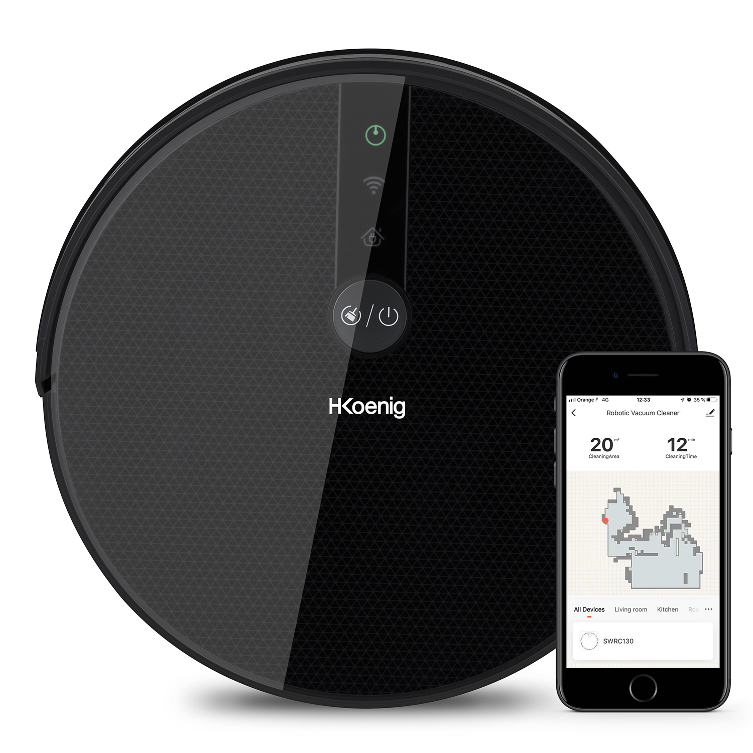 Czarny, okrągły odkurzacz robot z telefonem pokazującym postęp sprzątania, na białym tle.