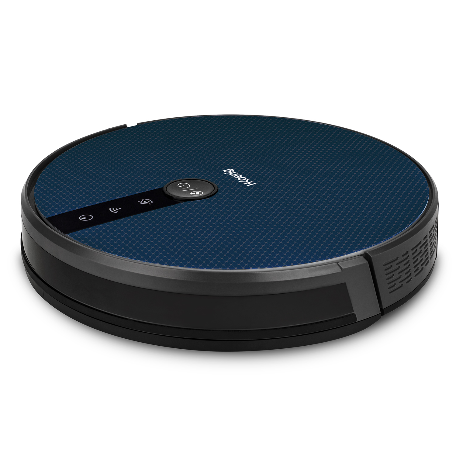 Okrągły robot odkurzający. Jest niebieski i czarny.