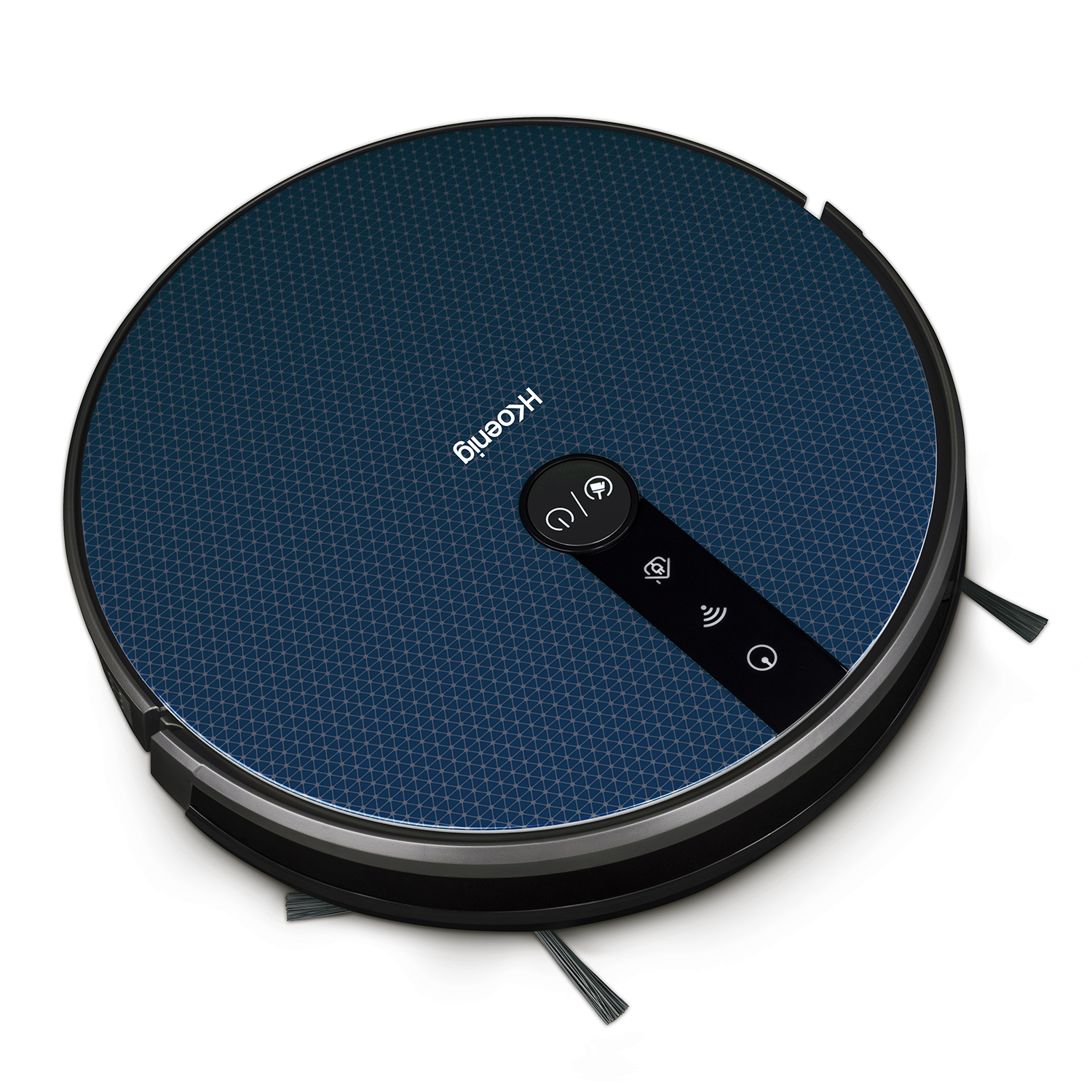 Niebiesko-czarny robot odkurzający. Posiada logo HKoenig.